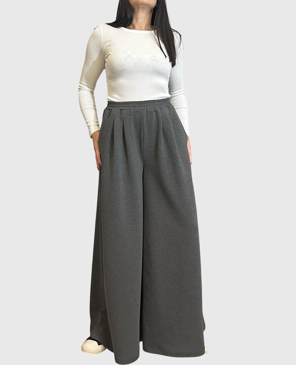 Dark Gray Cotton Palazzo Pants with Elastic Waist / High Waist Wide Leg Skirt Pants / Casual Comfortable Maxi Trousers