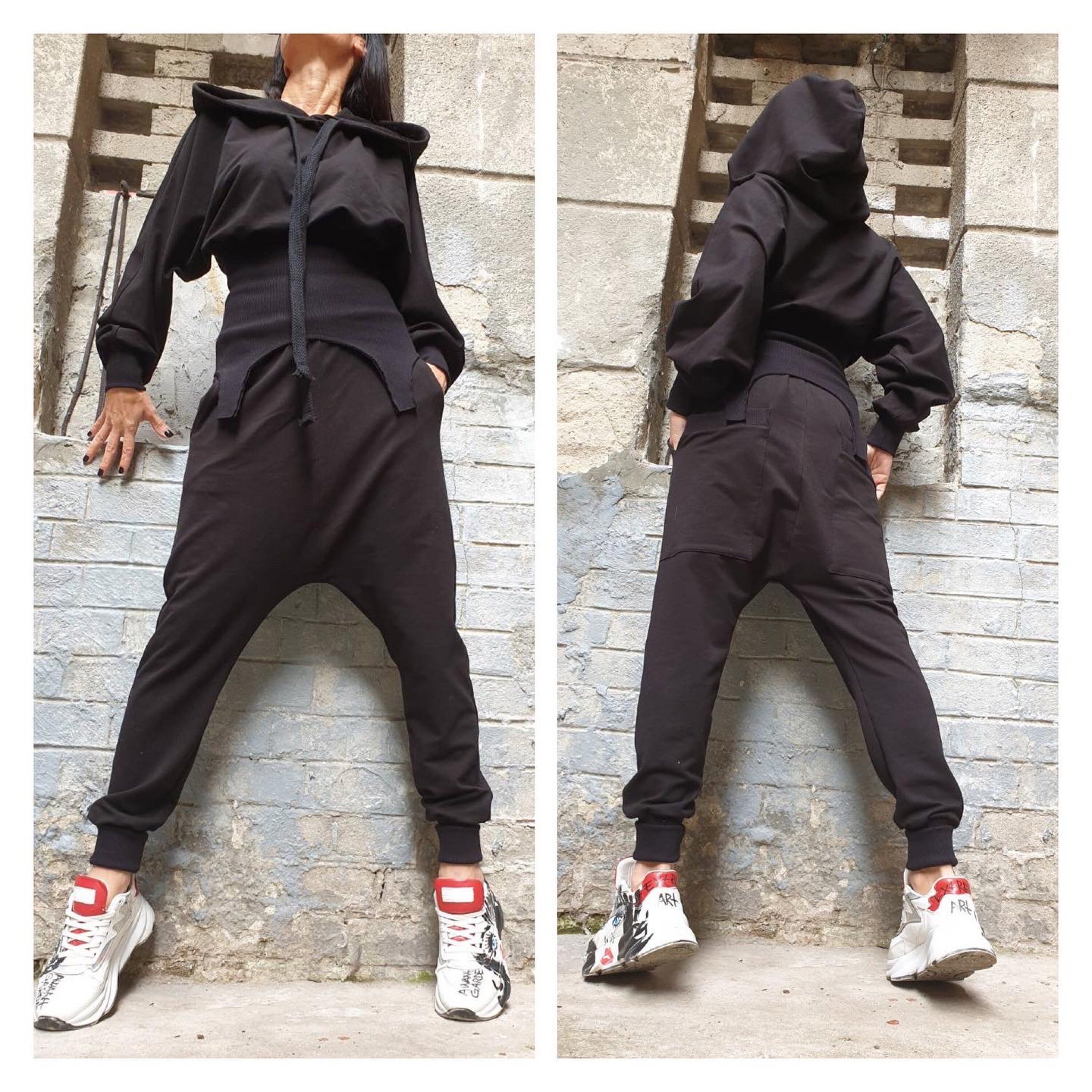Asymmetric Hooded Blouse – Black Cotton Stretch Top with Ribbed Waist / Avant-Garde Long Sleeve Hoodie / Women’s Urban Fashion