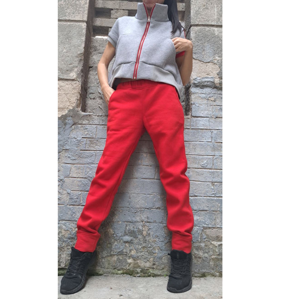 Red & Gray Tracksuit Set: High Waist Pants, Short Sleeve Top