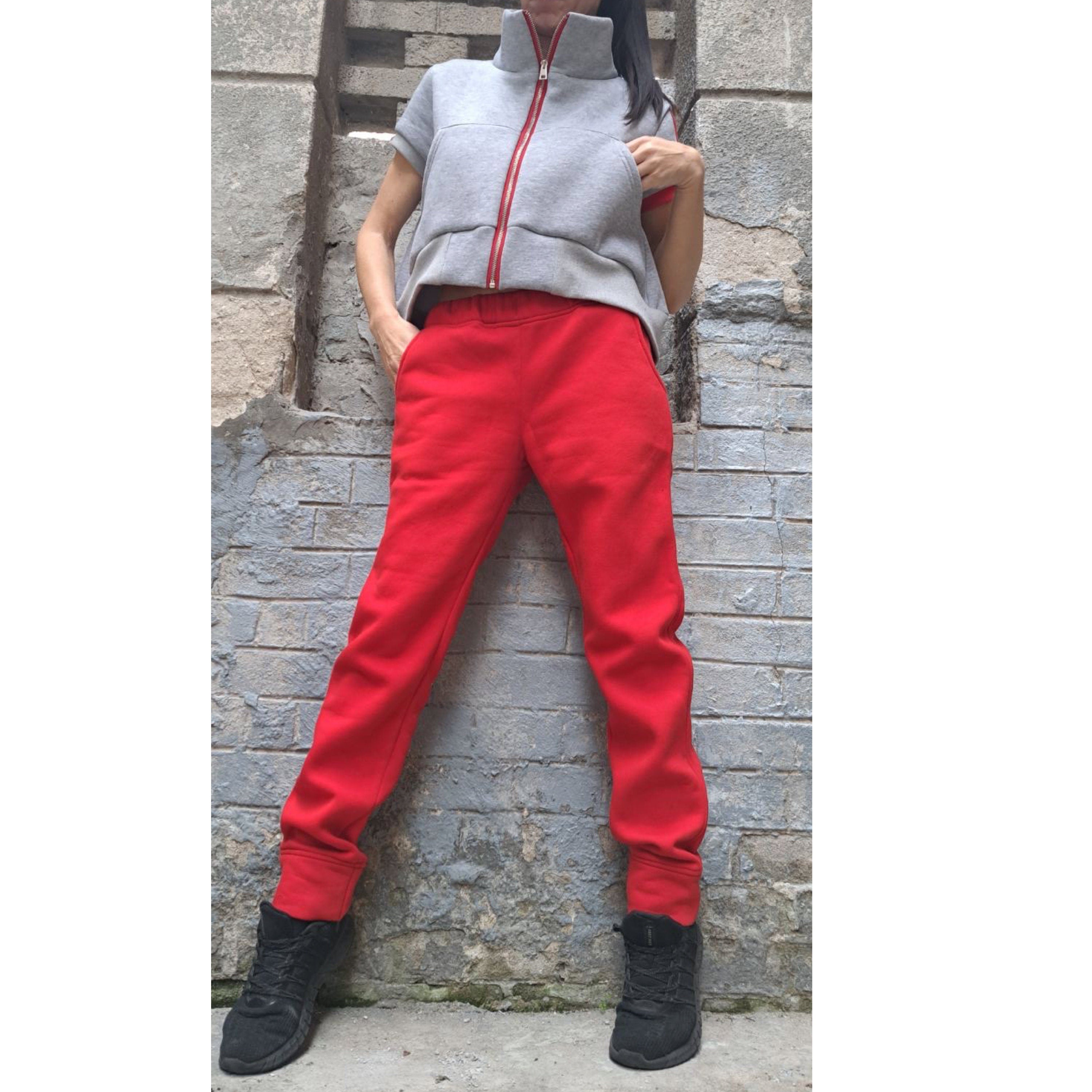 Red & Gray Tracksuit Set: High Waist Pants, Short Sleeve Top