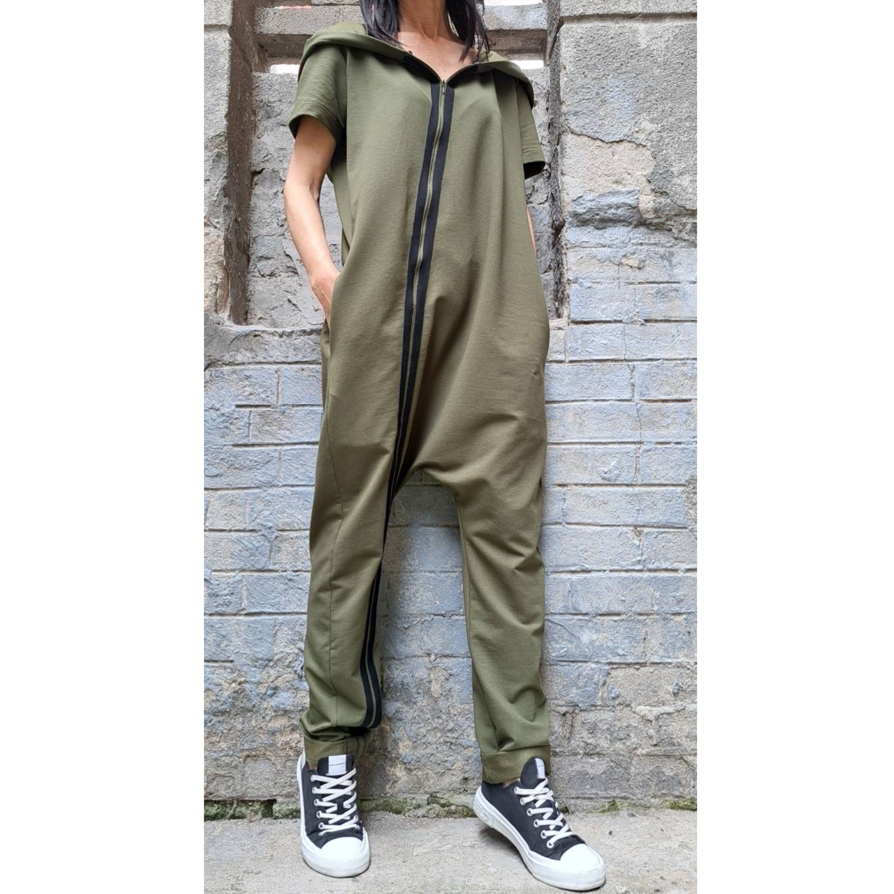 Women’s Hooded Harem Jumpsuit – Short Sleeve Urban Overall with Zipper / Cotton Streetwear Romper / Baggy Drop-Crotch Jumpsuit