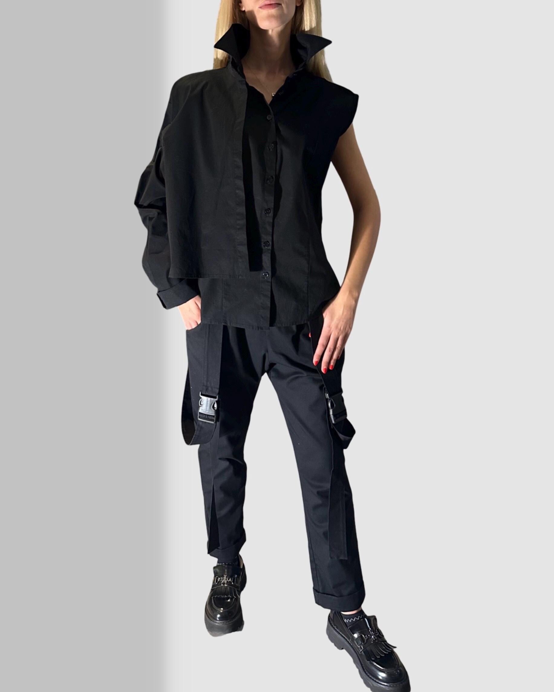 Avant-Garde Black Women’s Shirt / Two-Piece Sleeveless Shirt with Detachable Long Sleeve / Designer Statement Top