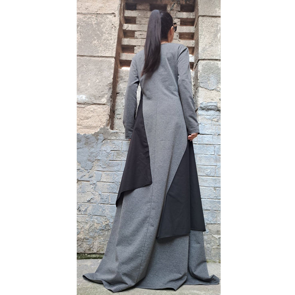 Asymmetrical Maxi Cotton Dress – Long Sleeve Grey Dress with Black Panels / Minimalist A-Line Kaftan / Handmade Casual Loose Dress
