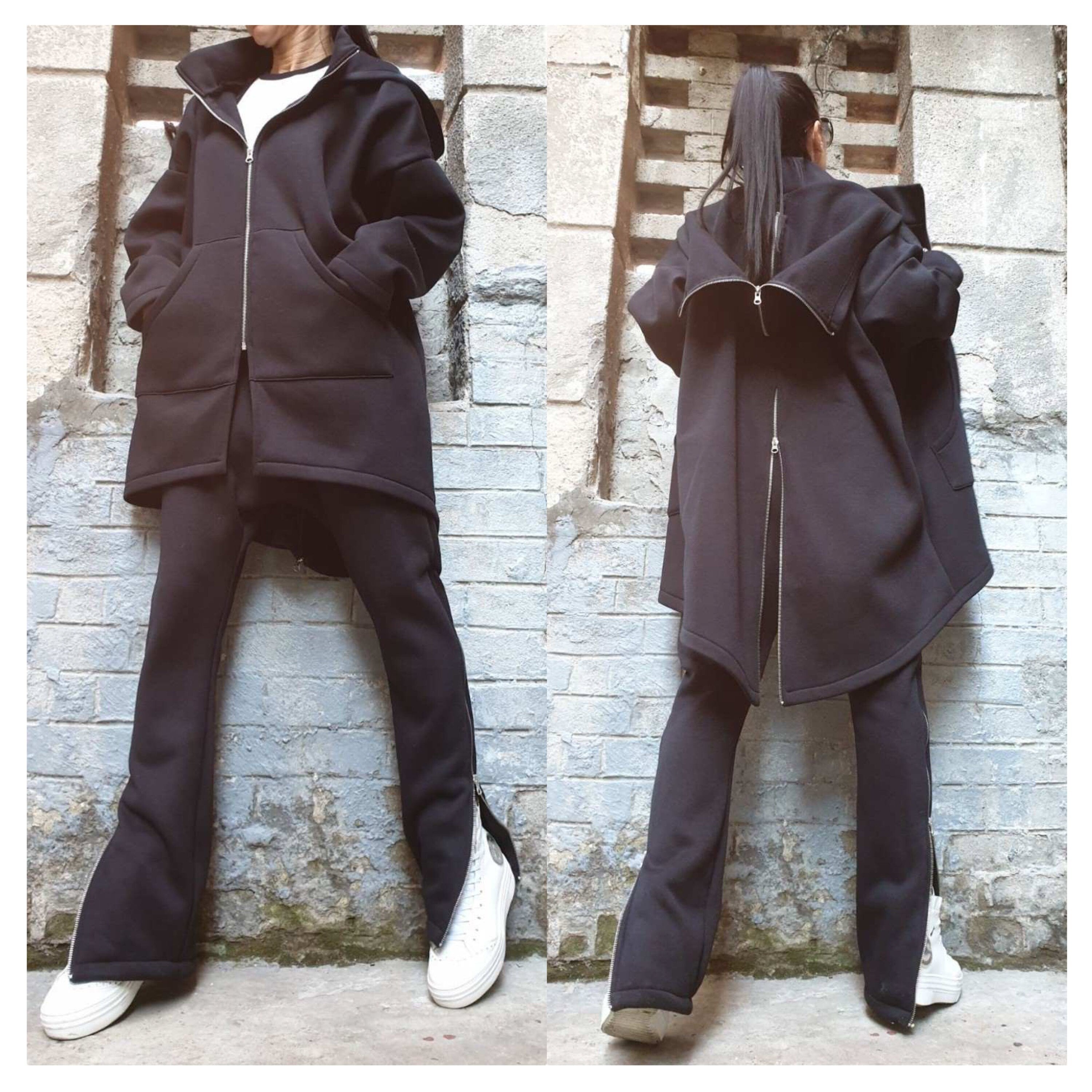 Asymmetric Black Cotton MIDI Coat with Hood – Warm Three-Thread Fleece / Double Zippers / Avant-Garde Jacket