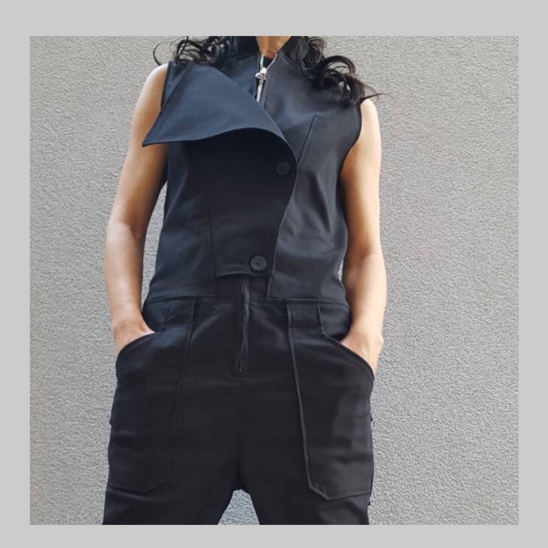 Black Cotton Jumpsuit with Asymmetric Details – Sleeveless Designer Overall
