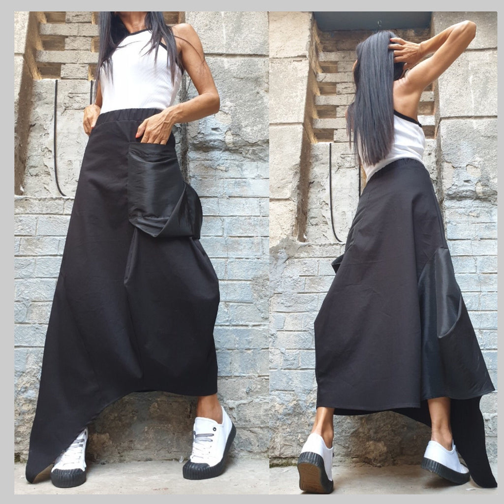 Asymmetric Black Maxi Skirt with Pocket – Avant-Garde High Waist Cotton Skirt