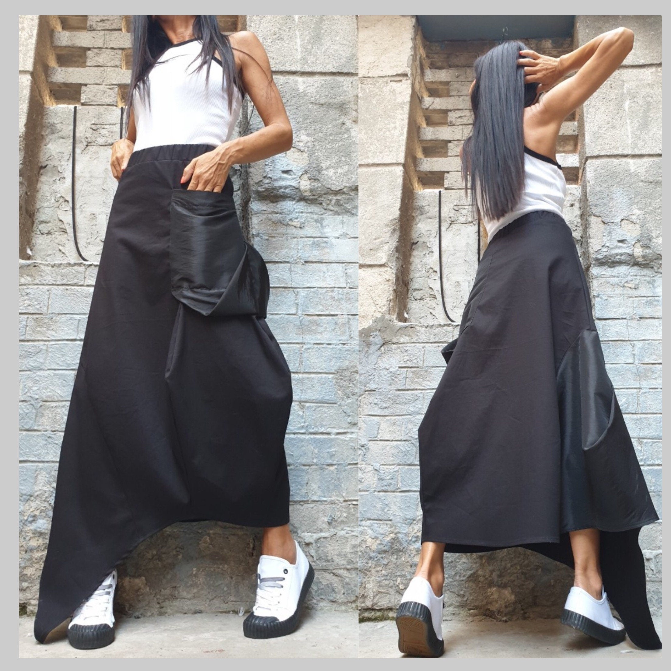 Asymmetric Black Maxi Skirt with Pocket – Avant-Garde High Waist Cotton Skirt