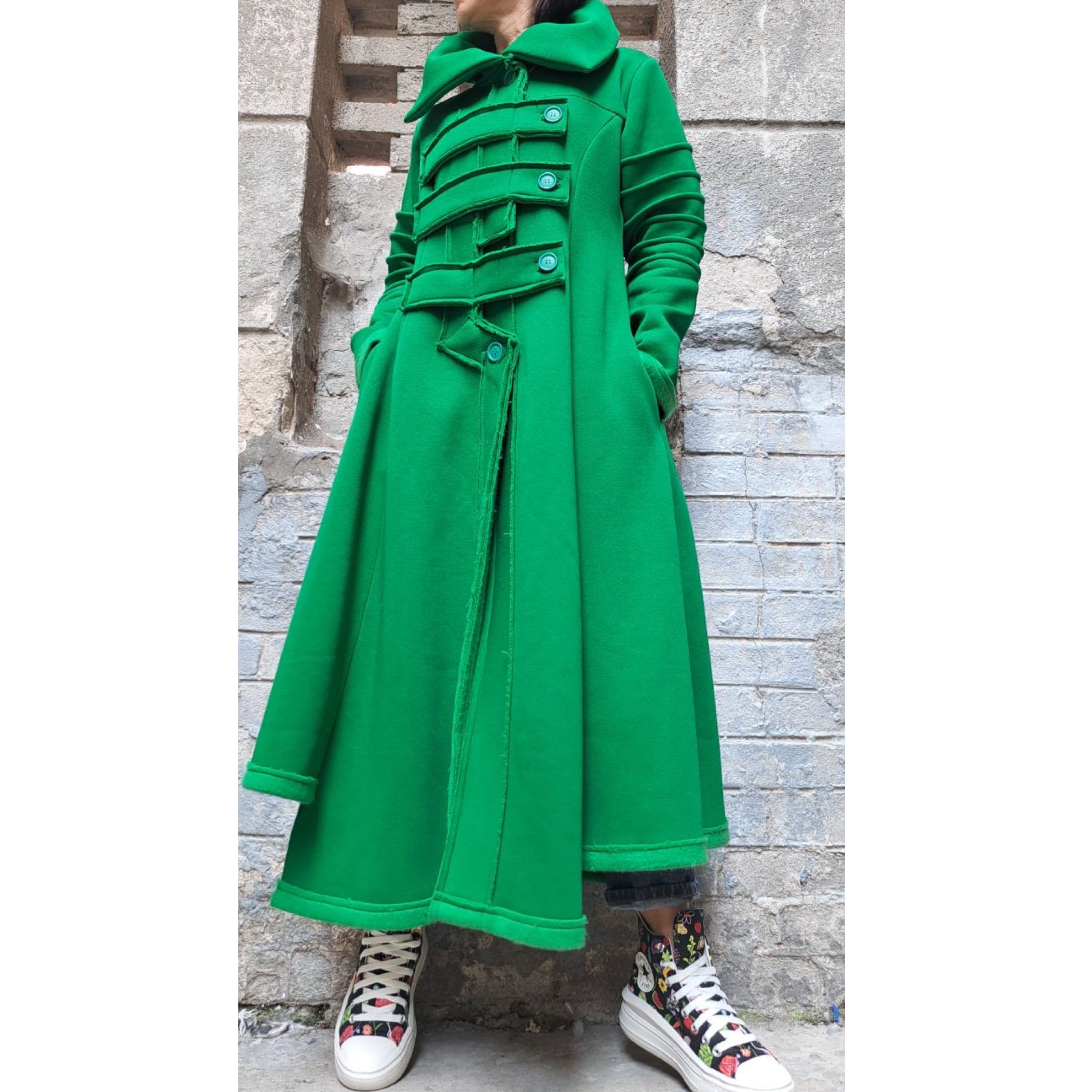 Avant-Garde Green Winter Coat for Women – Asymmetric Fleece Maxi Coat with High Collar / Long Warm Coat / Designer Statement Outerwear