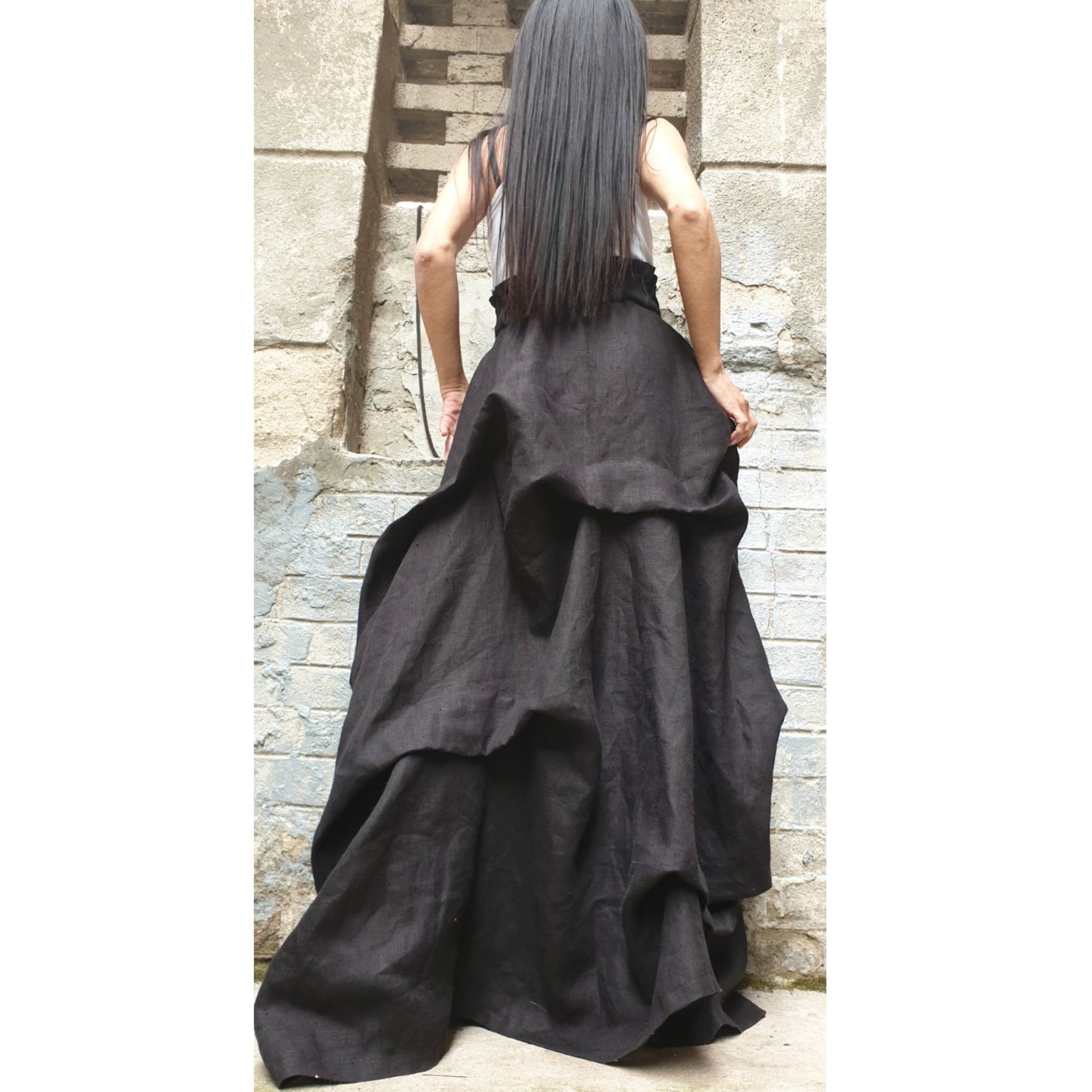 High Waist Linen Maxi Skirt / Avantgarde Asymmetric Black Skirt