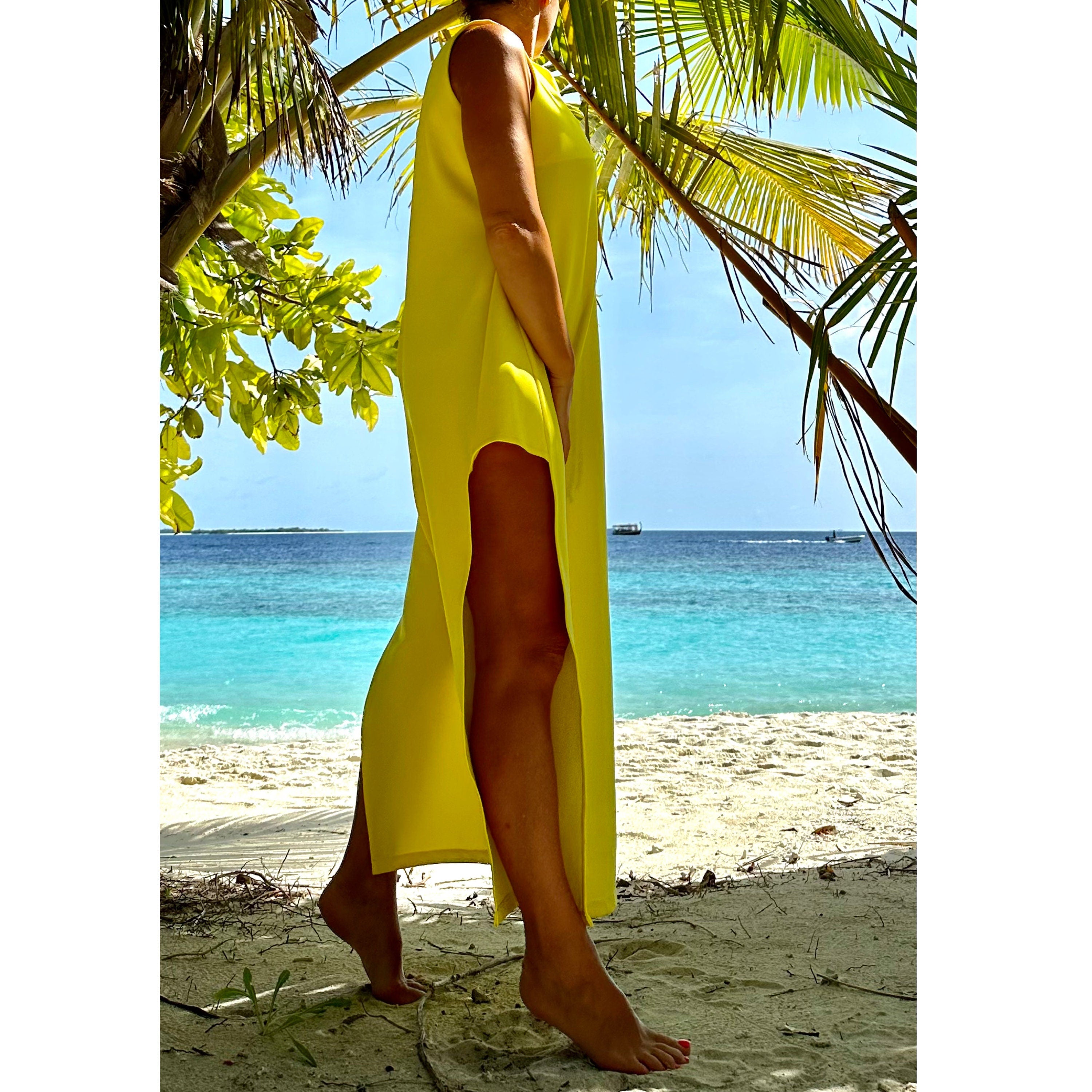 Yellow Cotton Maxi Dress with High Side Slit and Open Back Detail