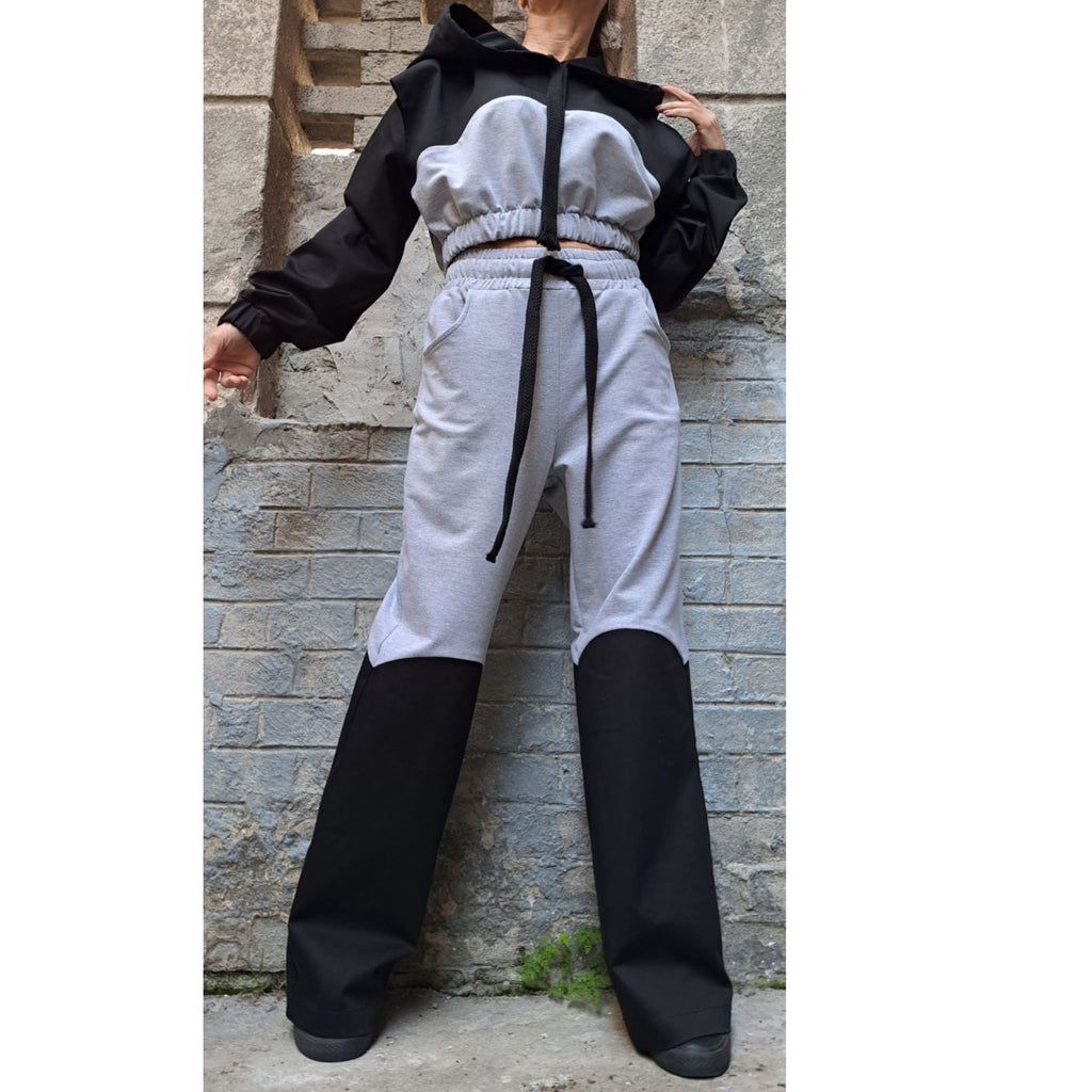 Urban Two-Piece Cotton Set – Cropped Hooded Top & High Waist Pants / Grey and Black Women’s Outfit