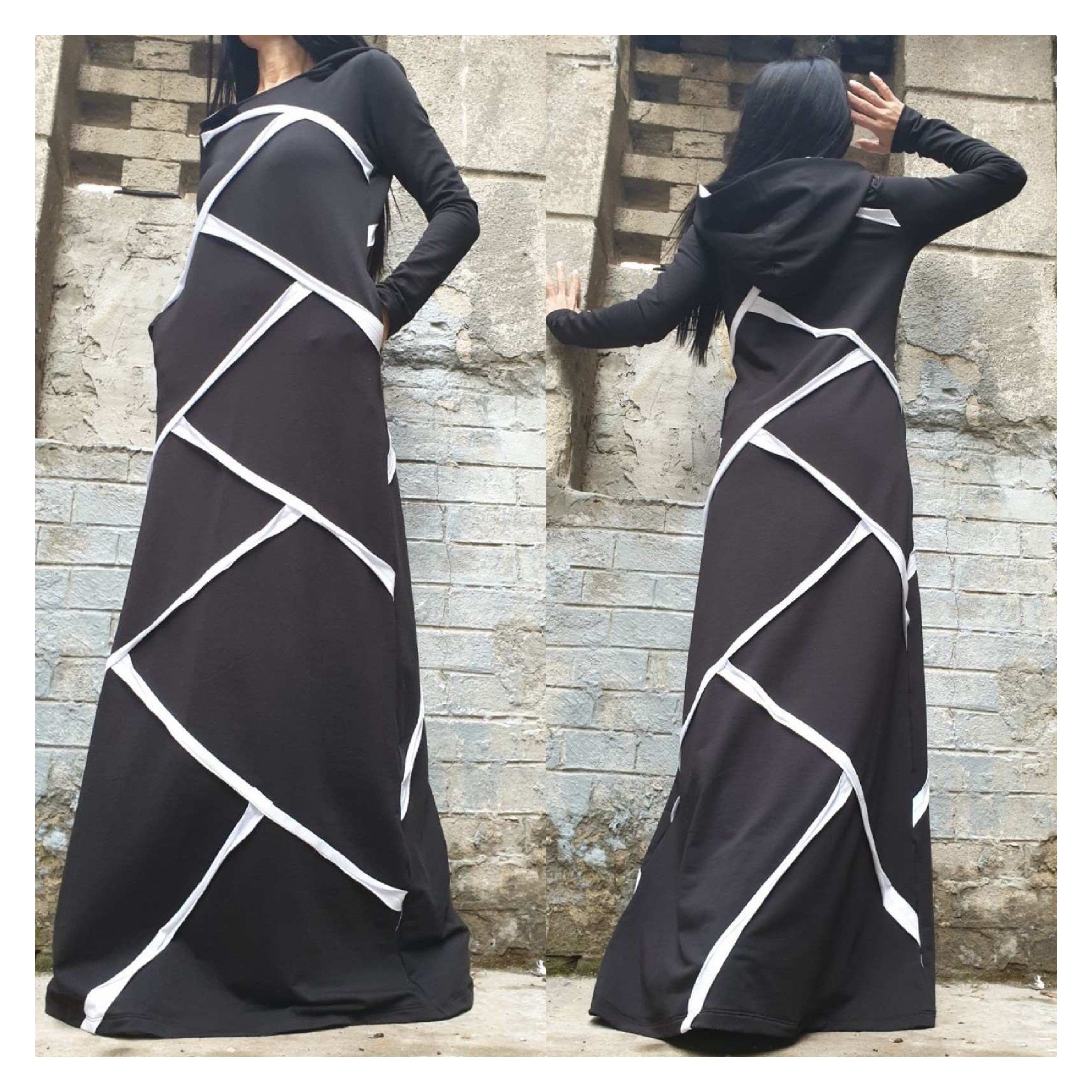 Black Hooded Maxi Dress – Asymmetric Cotton Dress with White Trim / Long Sleeve Avant-Garde Dress with Pockets / Cotton Blend Fleece  XS–5X
