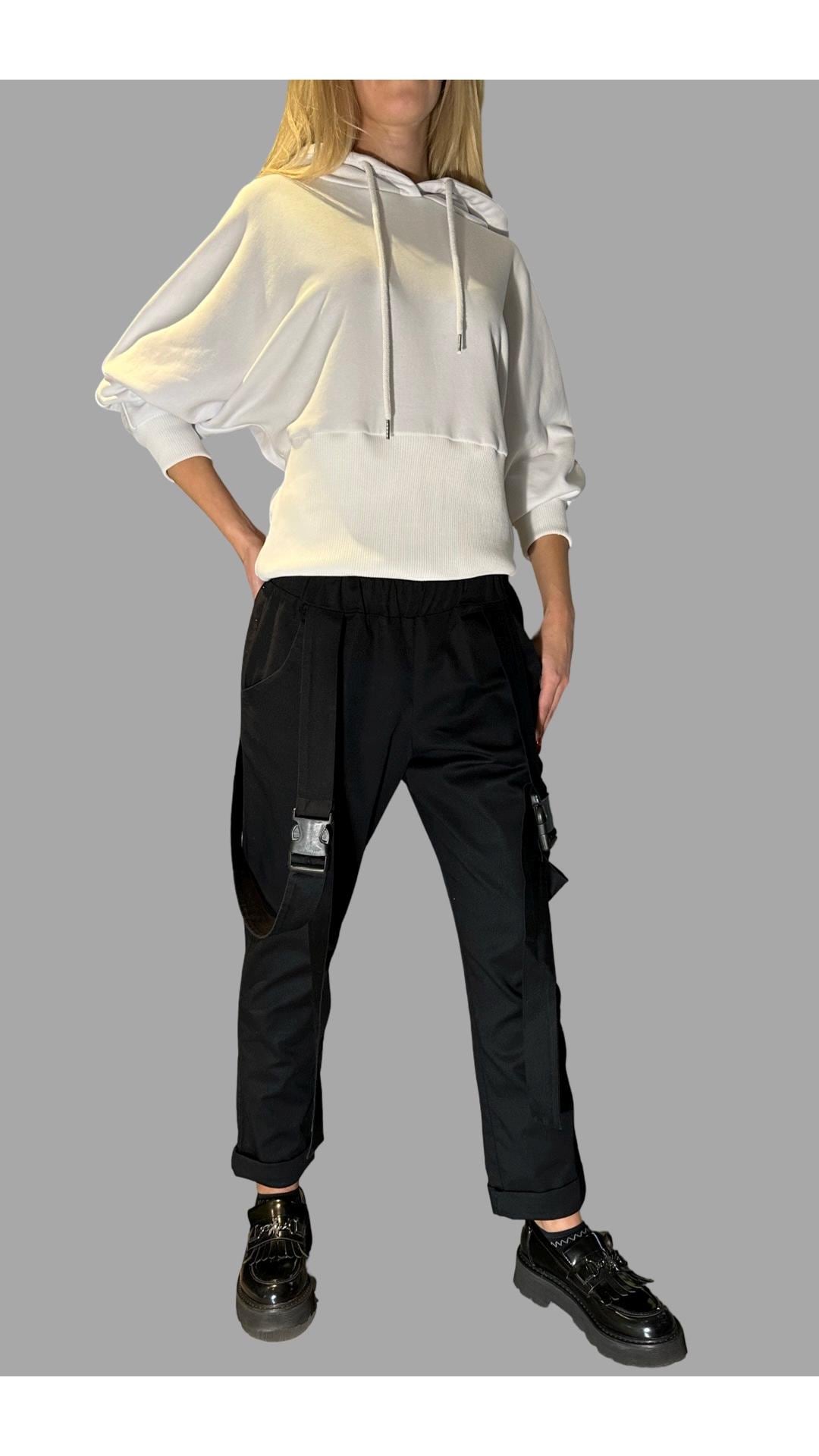 Women’s Black Casual Pants with Straps / Cotton Trousers with Elastic Waist and Buckles / Urban Everyday Pants