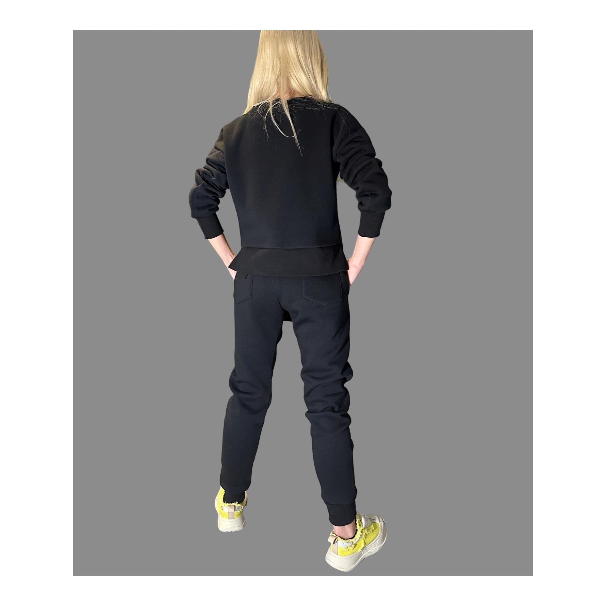 Women’s Winter Fleece Set – Asymmetric Sweatshirt & High-Waisted Joggers / Thick Three-Thread Cotton Tracksuit / Warm Black Two-Piece Outfit