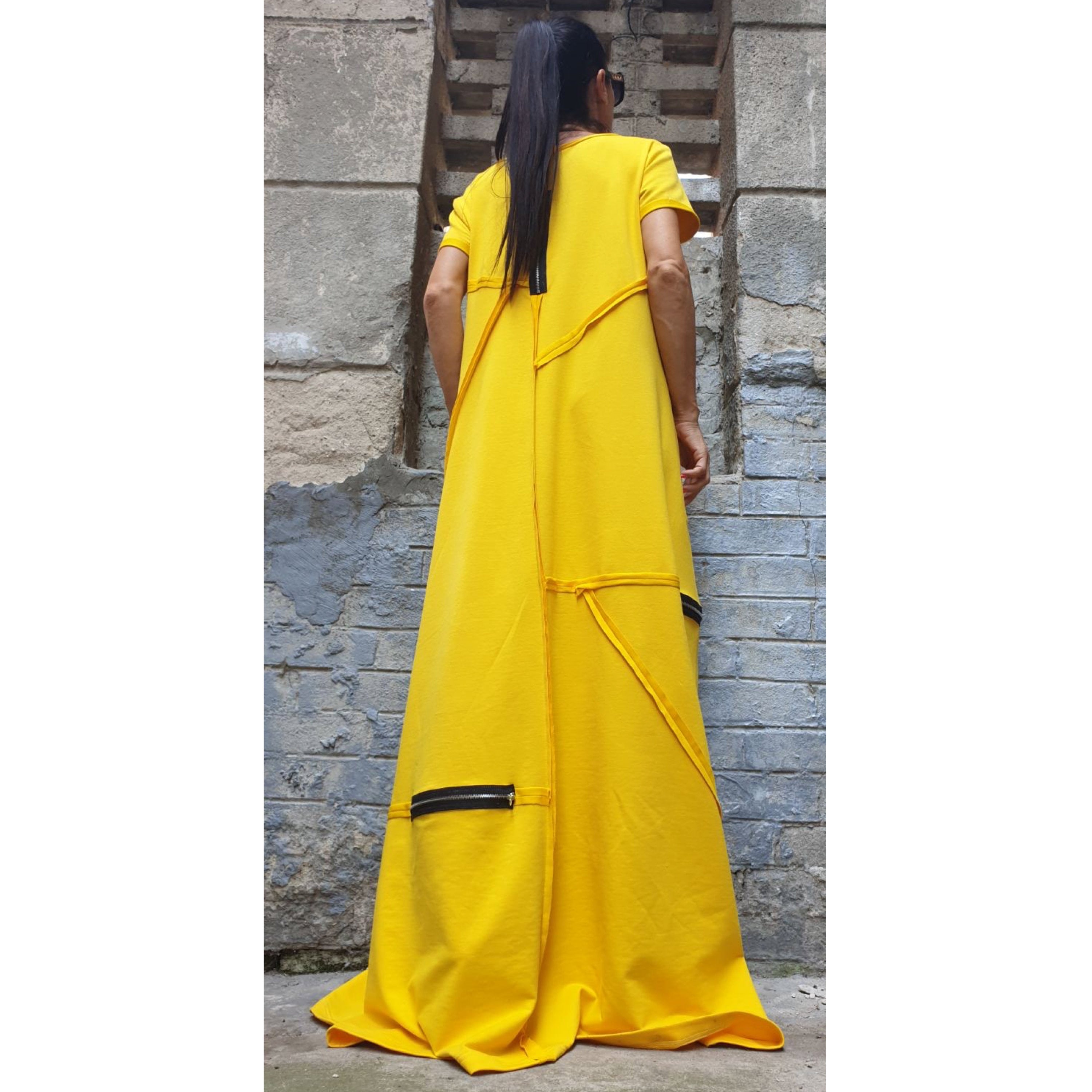 Yellow Maxi Dress – Loose Cotton Dress with Zippers / Short Sleeve Avantgarde Dress / Oversized Summer Dress / Designer Long Dress