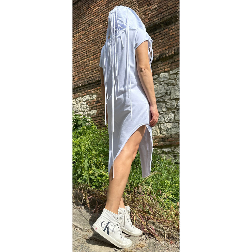 Asymmetric White Cotton Tunic: Hooded Fringe Top
