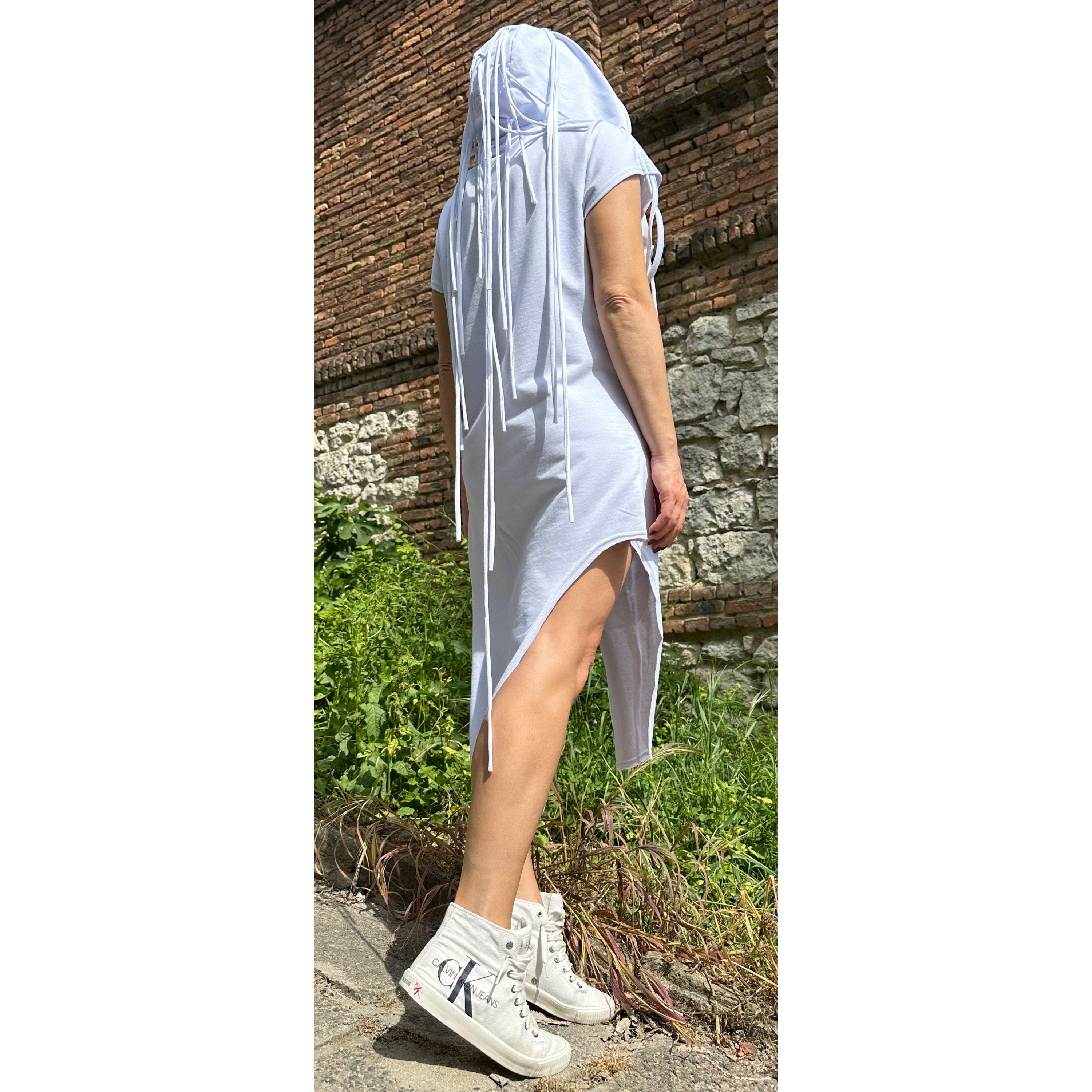 Asymmetric White Cotton Tunic: Hooded Fringe Top