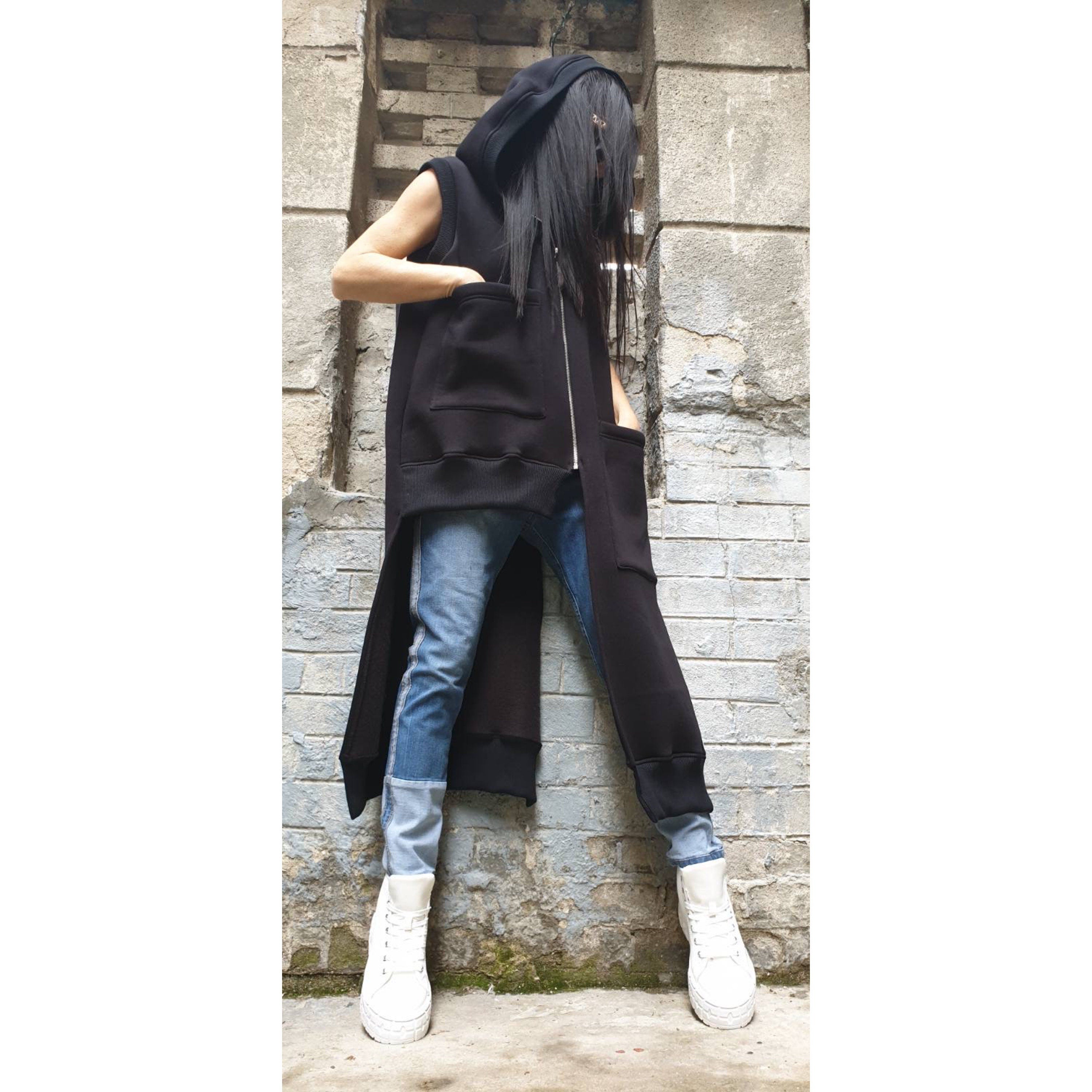 Asymmetric Hooded Vest – Long Sleeveless Fleece Coat with Zipper and Front Pockets