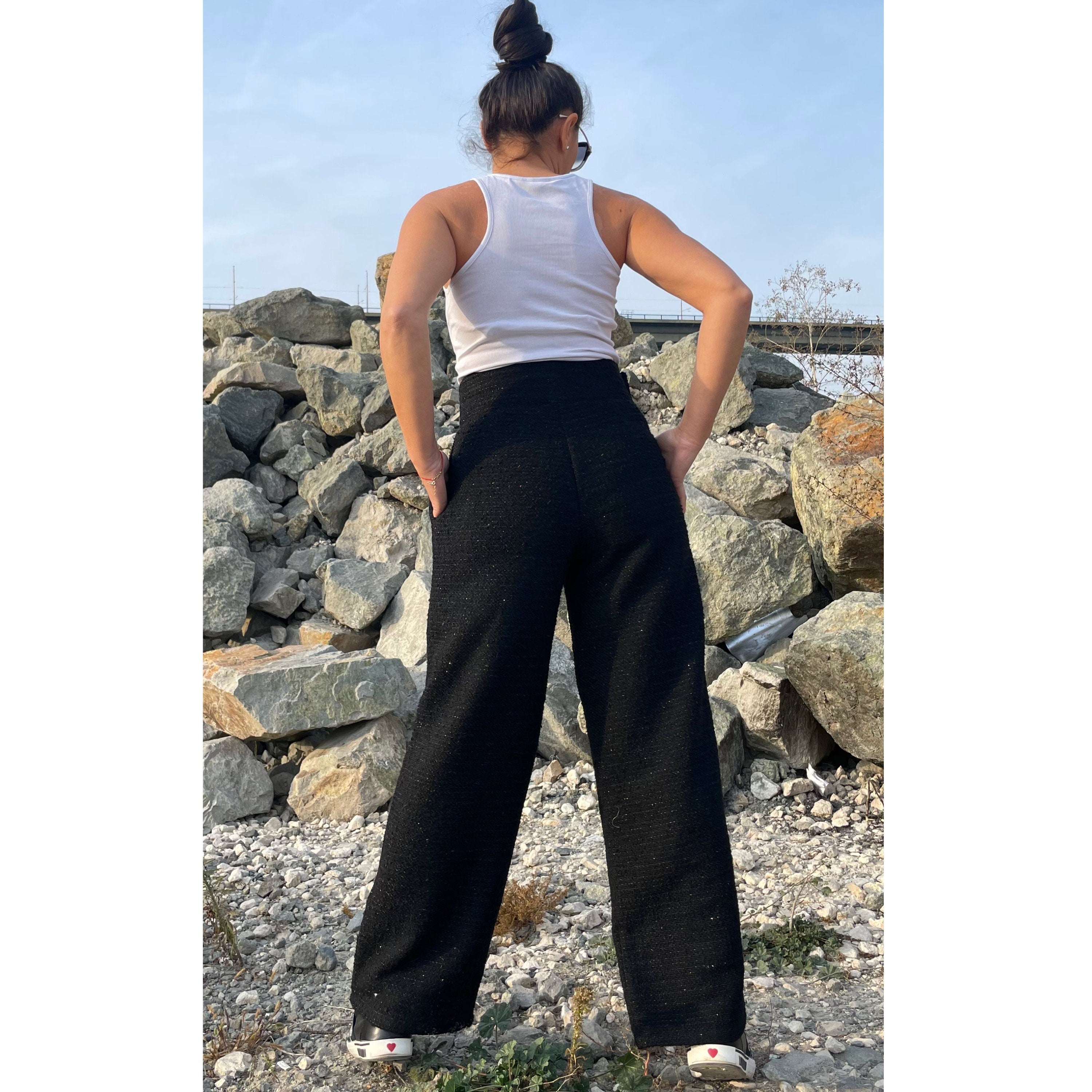Black Tweed Wide-Leg Pants – High Waist Bouclé Trousers with Side Pockets