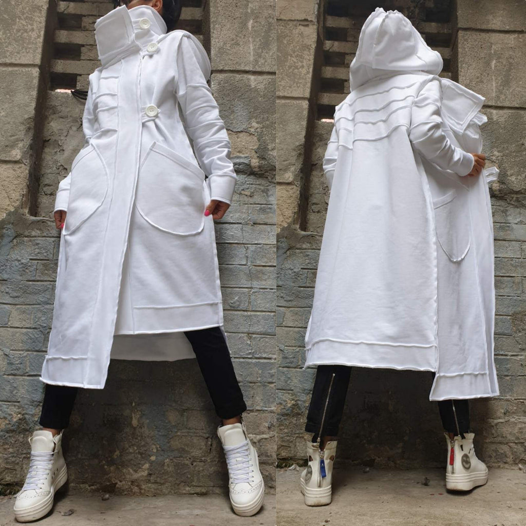 Women’s Long White Asymmetric Vest Coat with Hood – Heavyweight Sweatshirt Fabric