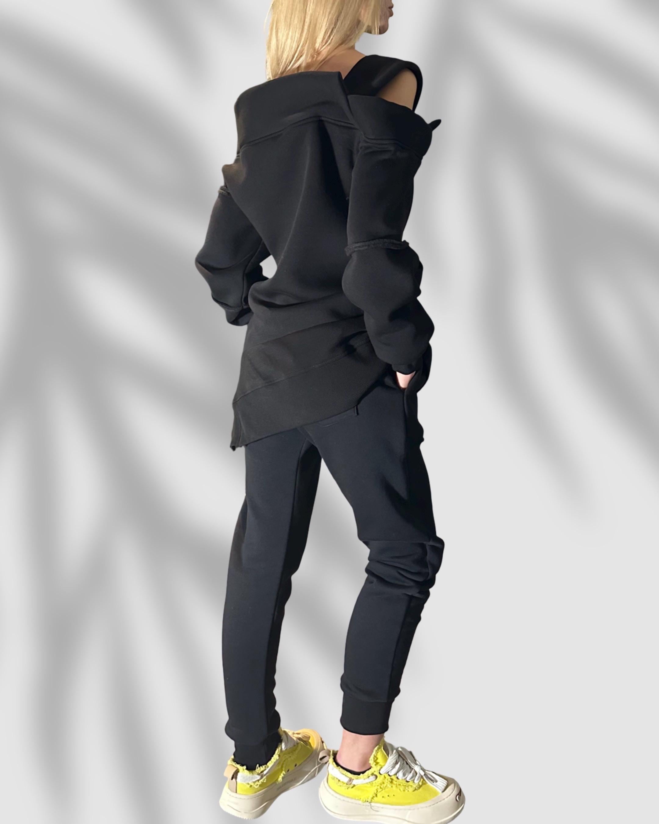 Black Winter Tracksuit for Women – Asymmetric Off-Shoulder Sweatshirt & High-Waist Joggers / Thick Three-Thread Fleece Designer Set / Warm T