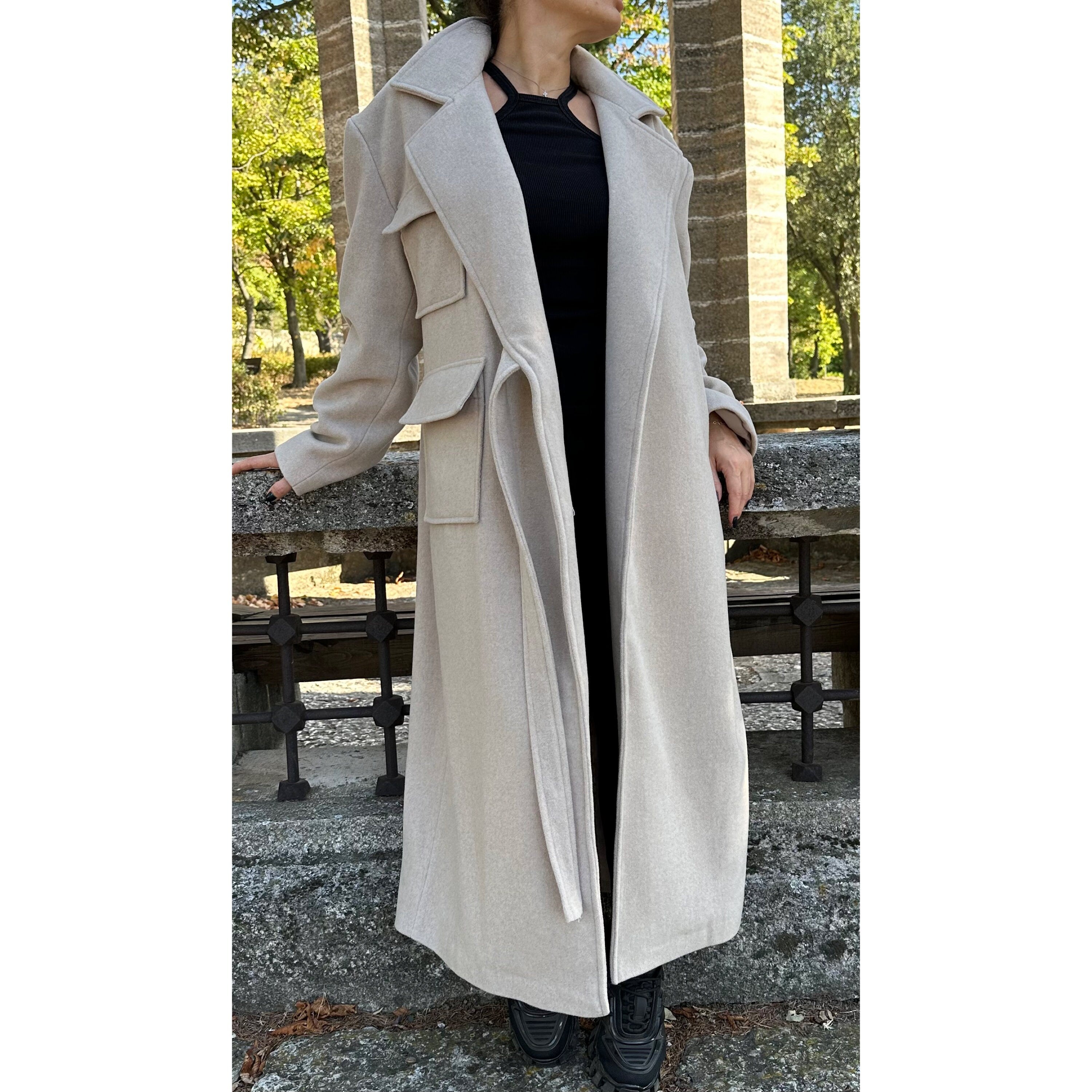 Oversized Wool Coat / Beige Lined Street Style Long Jacket