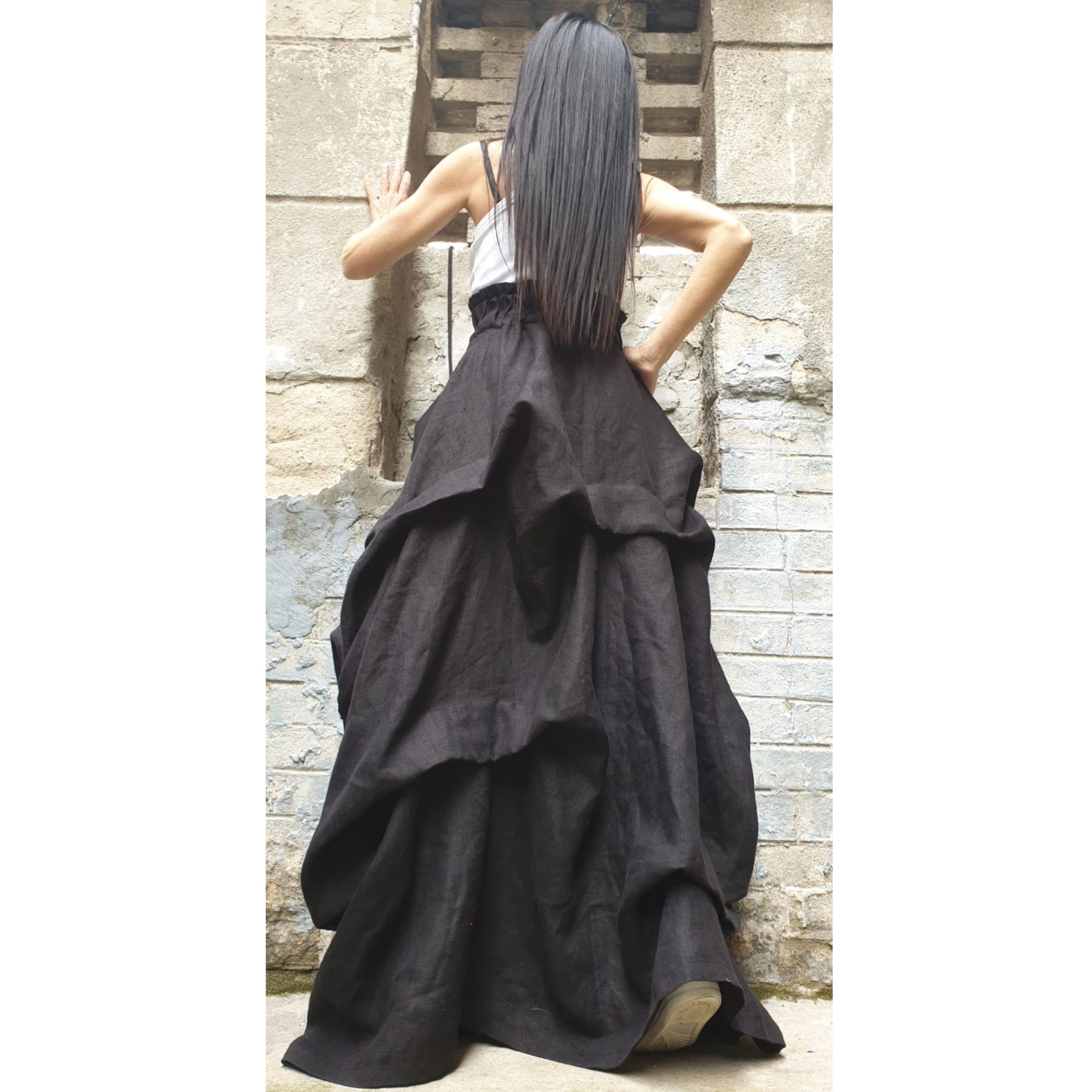High Waist Linen Maxi Skirt / Avantgarde Asymmetric Black Skirt