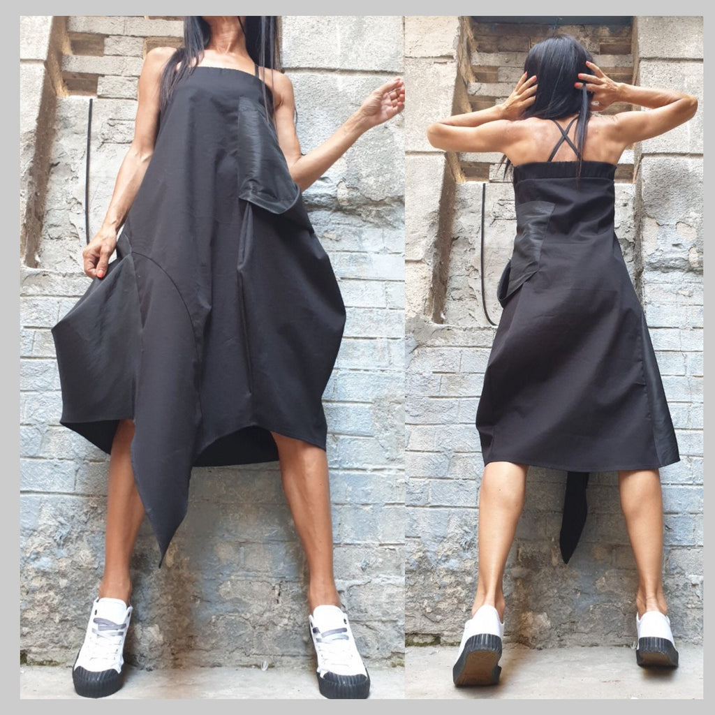 Asymmetric Black Maxi Skirt with Pocket – Avant-Garde High Waist Cotton Skirt