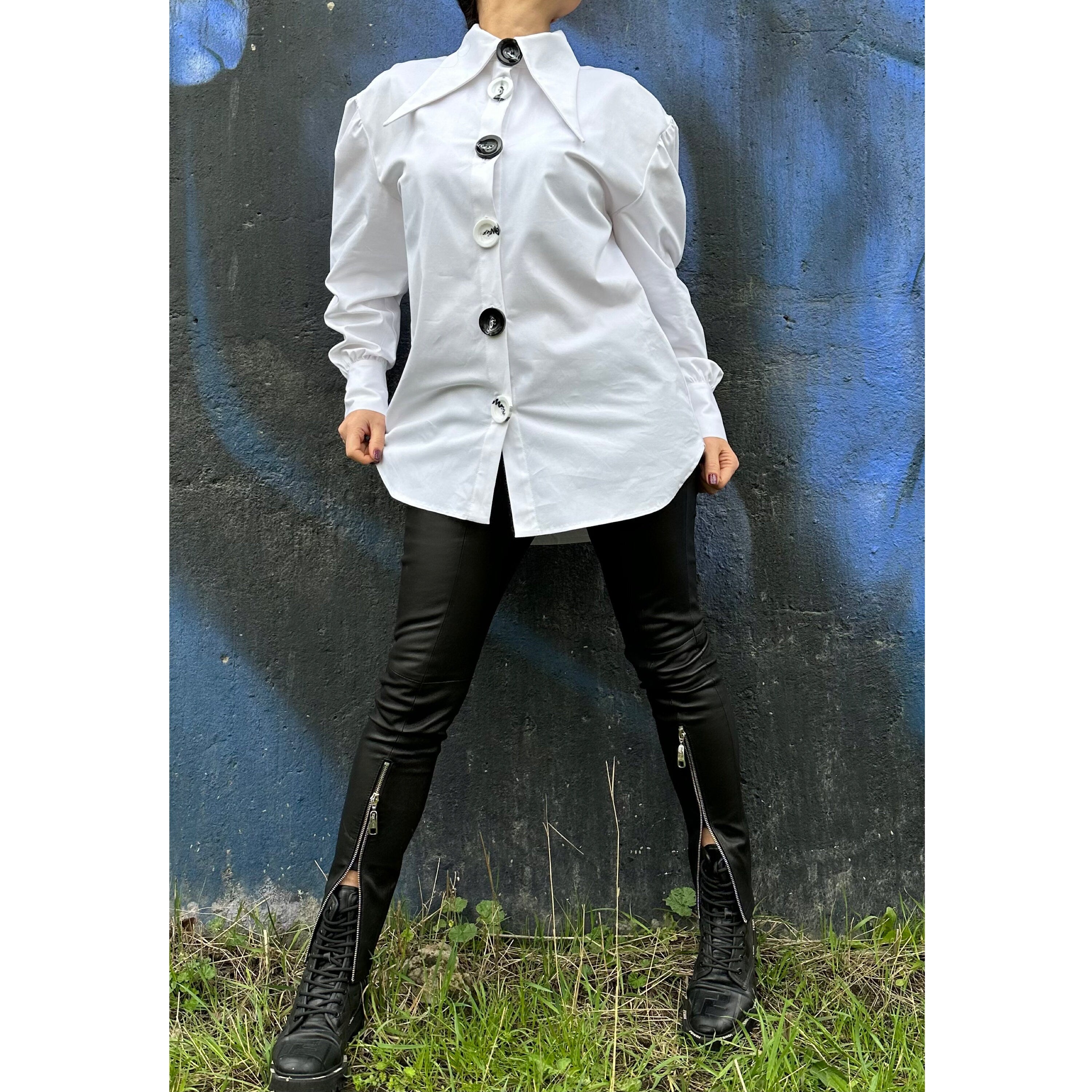 Extravagant White Cotton Shirt: Long Sleeve High Neck Button Shirt