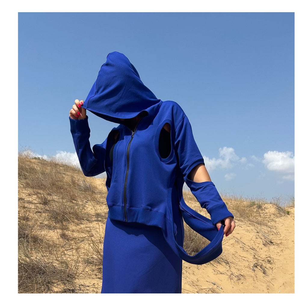 Asymmetric Blue Hoodie with Zipper and Cut-Out Sleeves – Summer & Spring Streetwear