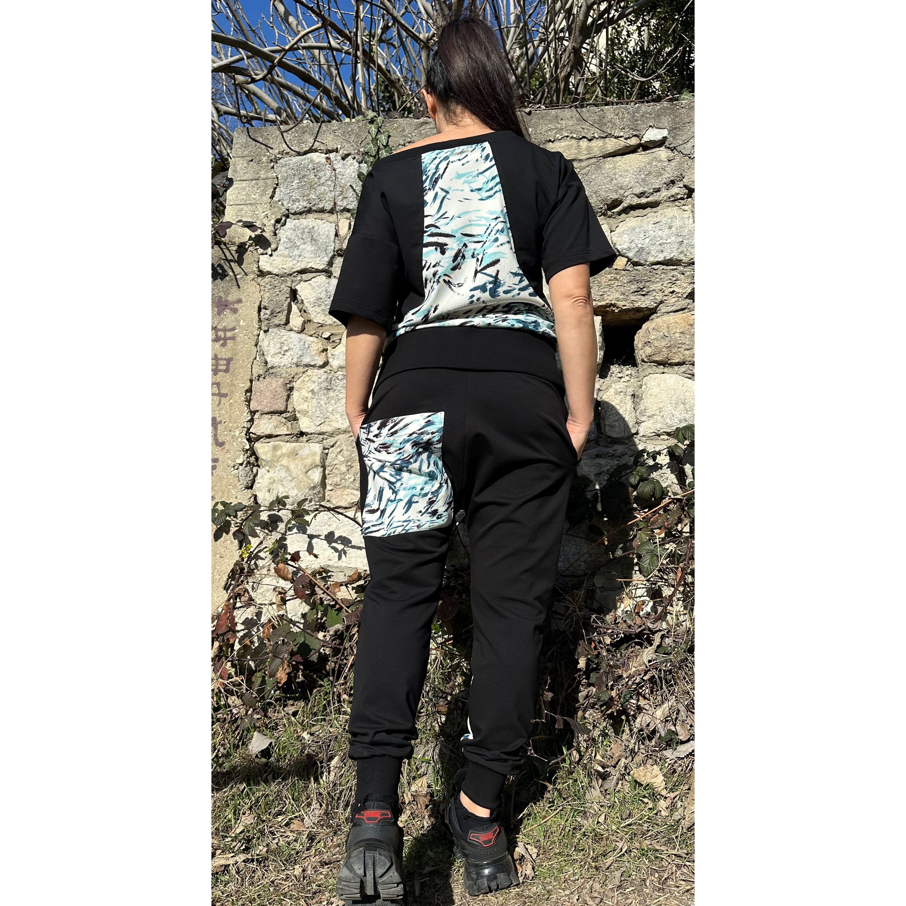Streetwear Cotton Tracksuit – Handmade Jogger Pants and Short Sleeve Top with Neoprene Patches