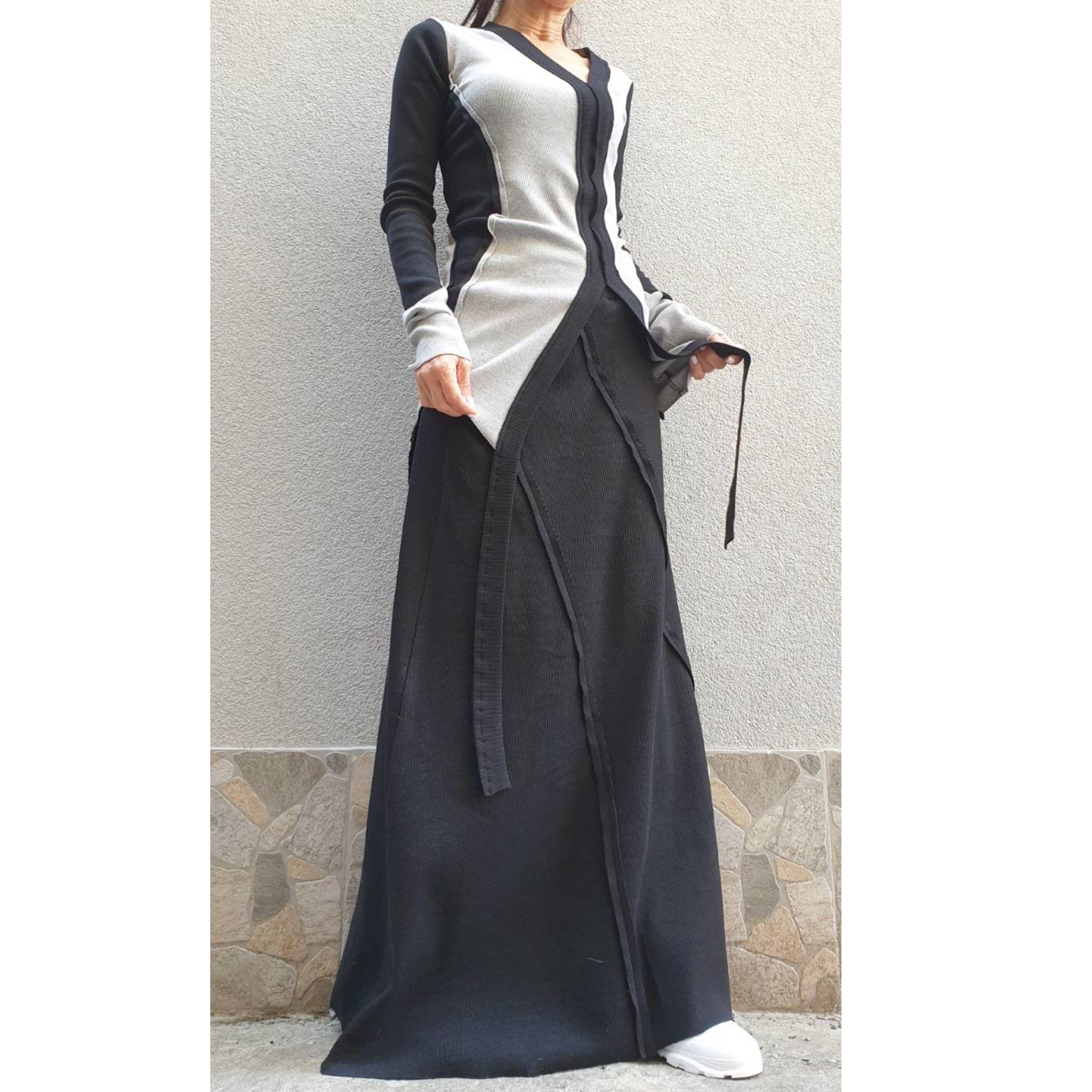 Asymmetric Cotton Set – Long Sleeve Top and Maxi Skirt / Black Grey Two-Piece Outfit / Avantgarde Women’s Clothing
