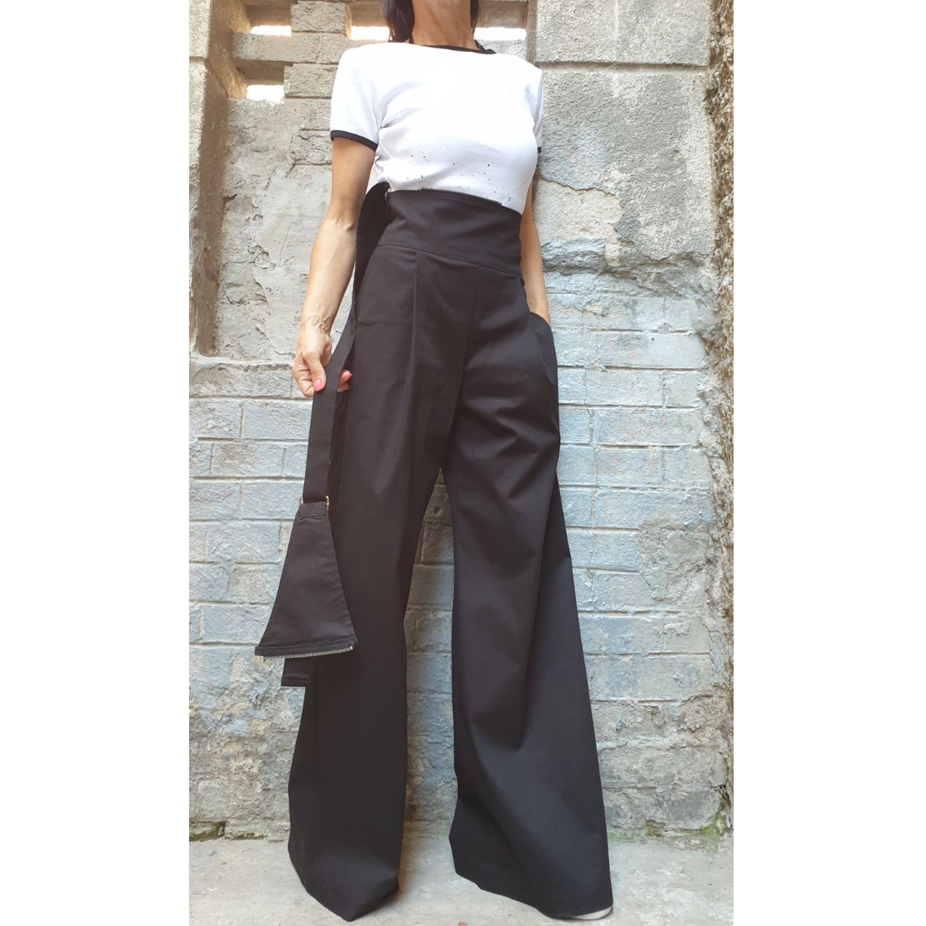 Black High Waist Wide Leg Pants – Asymmetrical Strap Detail, Designer Cotton Trousers with Pockets