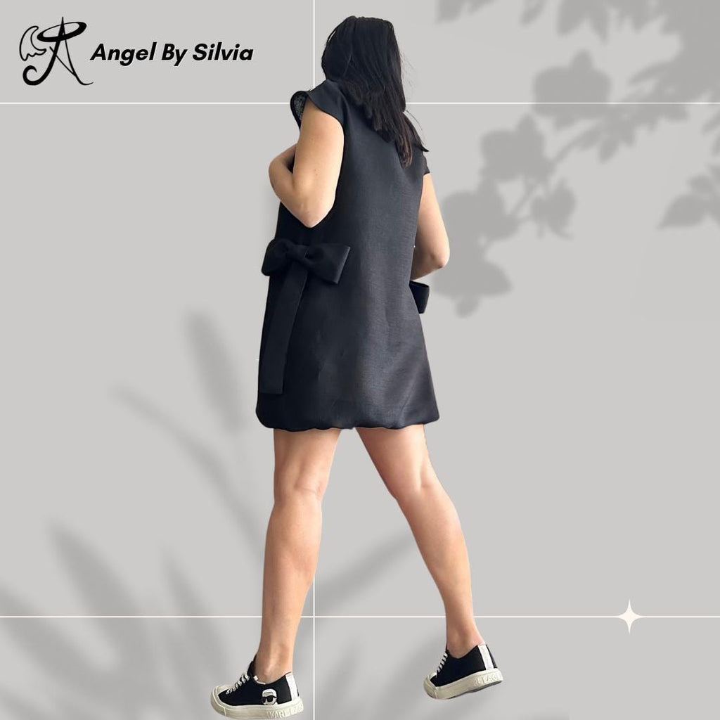 Black Linen Dress – Sleeveless Minimalist Tunic with Side Bows / Women’s Summer Shift Dress