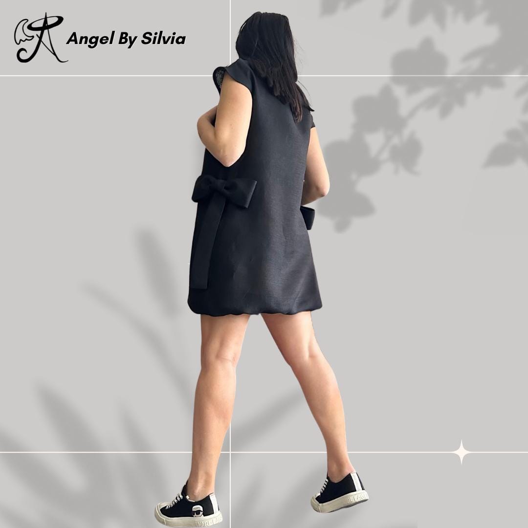 Black Linen Dress – Sleeveless Minimalist Tunic with Side Bows / Women’s Summer Shift Dress