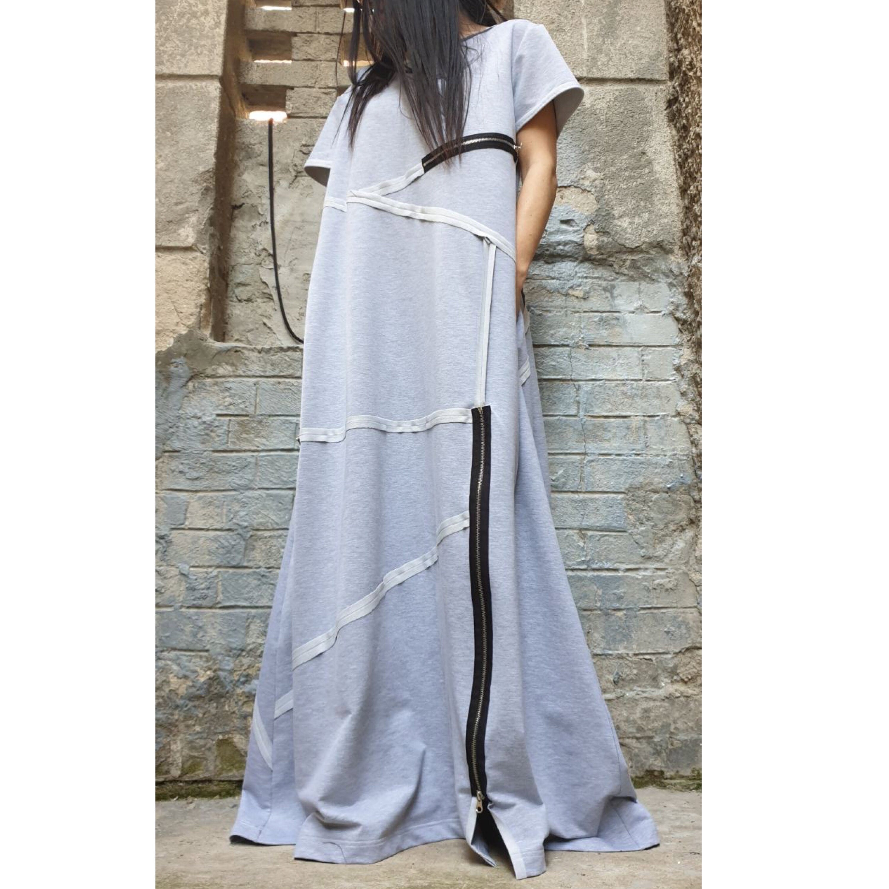 Grey Maxi Designer Dress – Avant-Garde Cut Dress with Zippers & Exposed Seams / Cotton Fleece Jersey / Oversized Architectural Dress XS–5XL