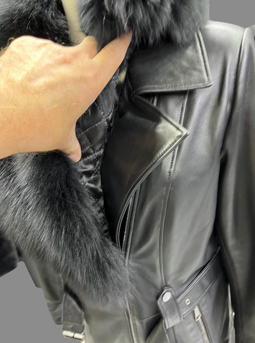 Women’s Genuine Lambskin Leather Jacket with Detachable Fox Fur Collar – Fall / Spring Coat