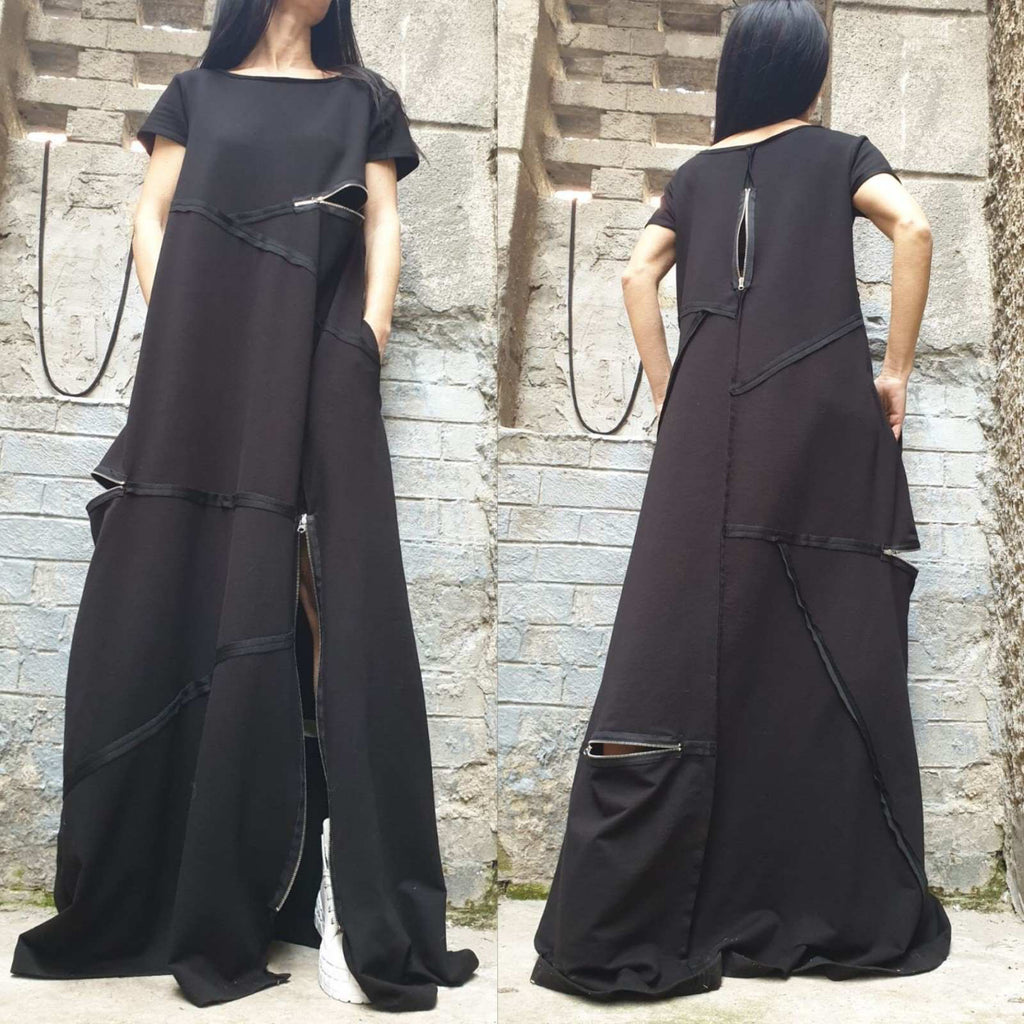 Black Maxi Designer Dress – Avant-Garde Cut Dress with Zippers & Exposed Seams / Cotton Fleece Jersey / Oversized Architectural Dress XS–5XL