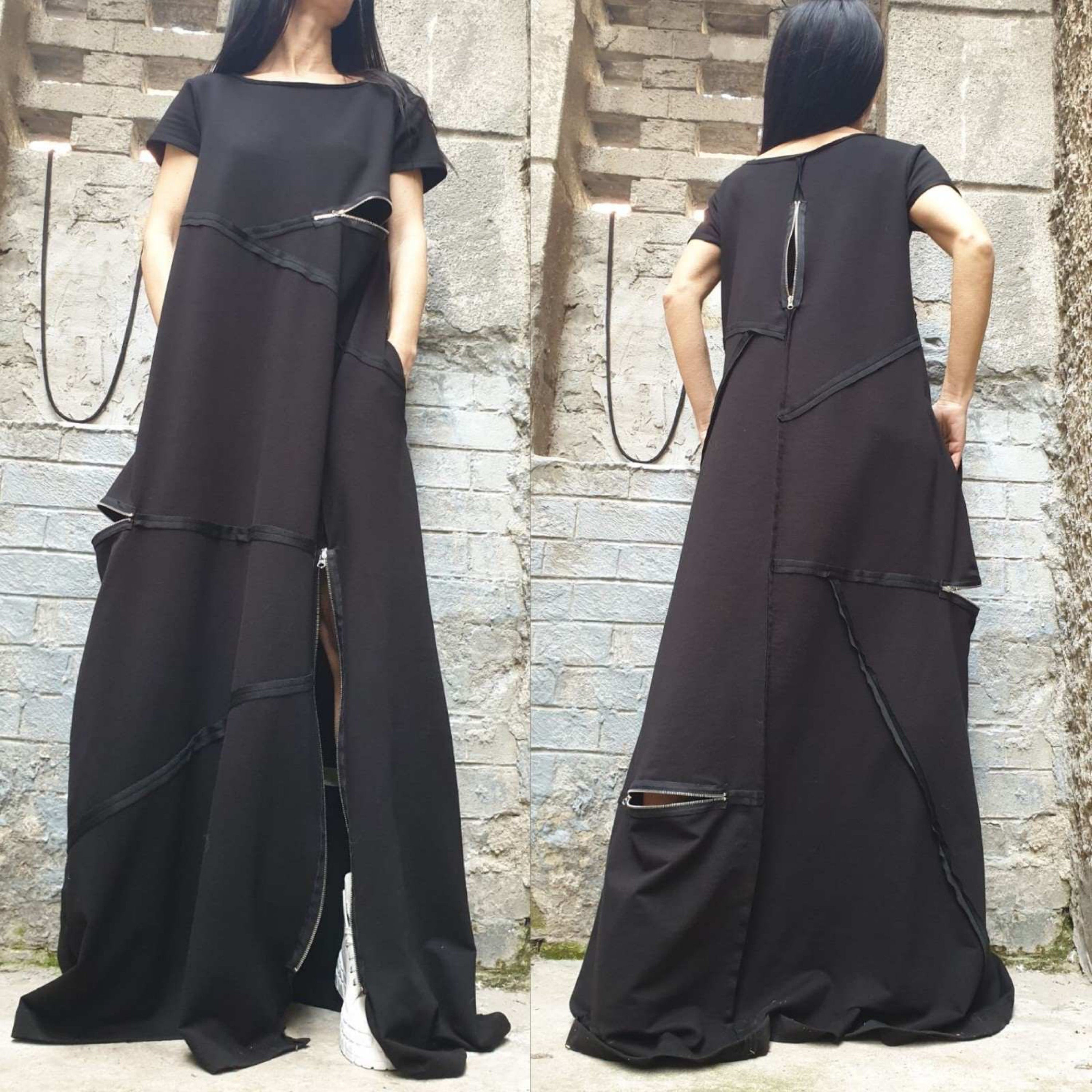 Black Maxi Designer Dress – Avant-Garde Cut Dress with Zippers & Exposed Seams / Cotton Fleece Jersey / Oversized Architectural Dress XS–5XL