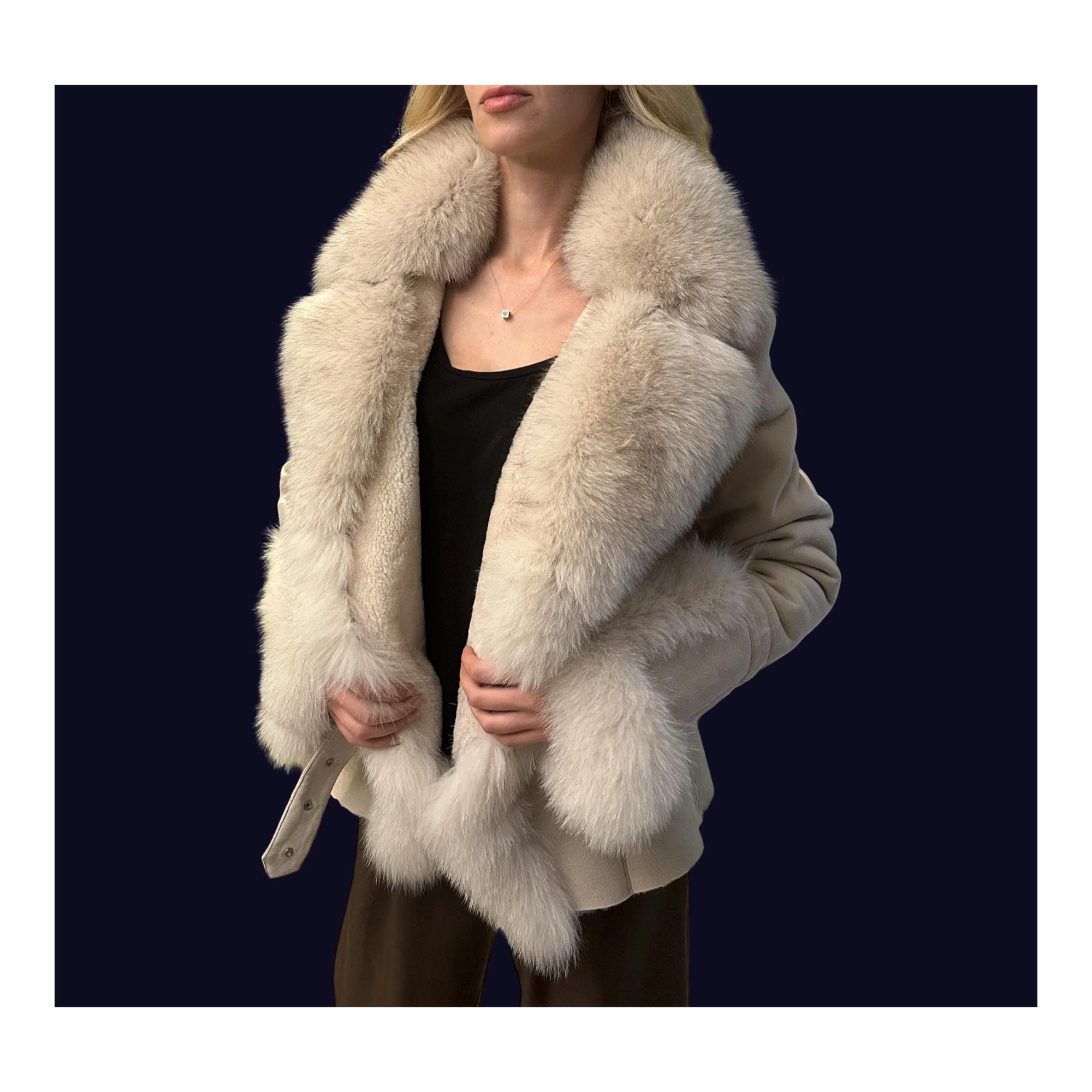 Women’s Real Sheepskin Shearling Coat with Fox Fur – 100% Genuine Lambskin Leather Winter Jacket / Handmade Luxury Coat XS–3XL