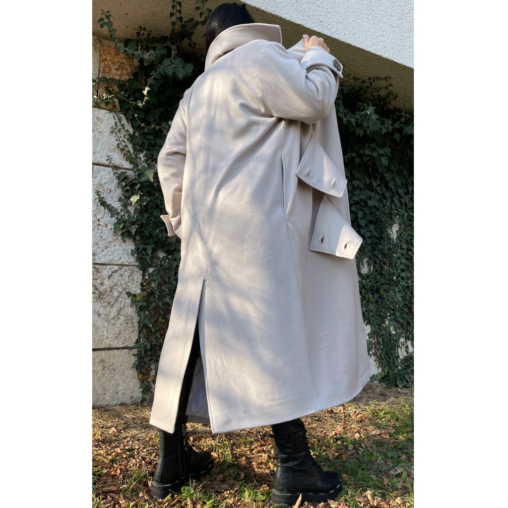 Oversized Wool Blend Coat – Long Lined Beige Overcoat with Asymmetric Button Closure