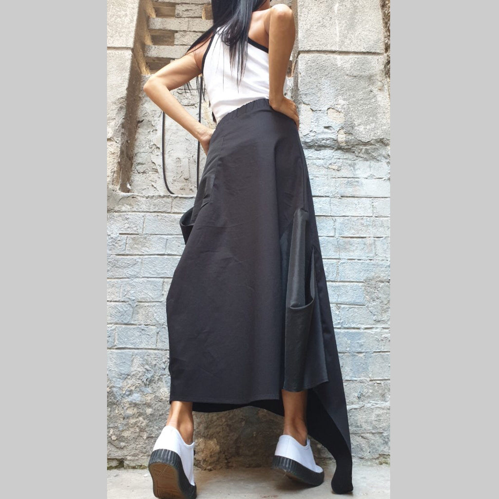 Asymmetric Black Maxi Skirt with Pocket – Avant-Garde High Waist Cotton Skirt
