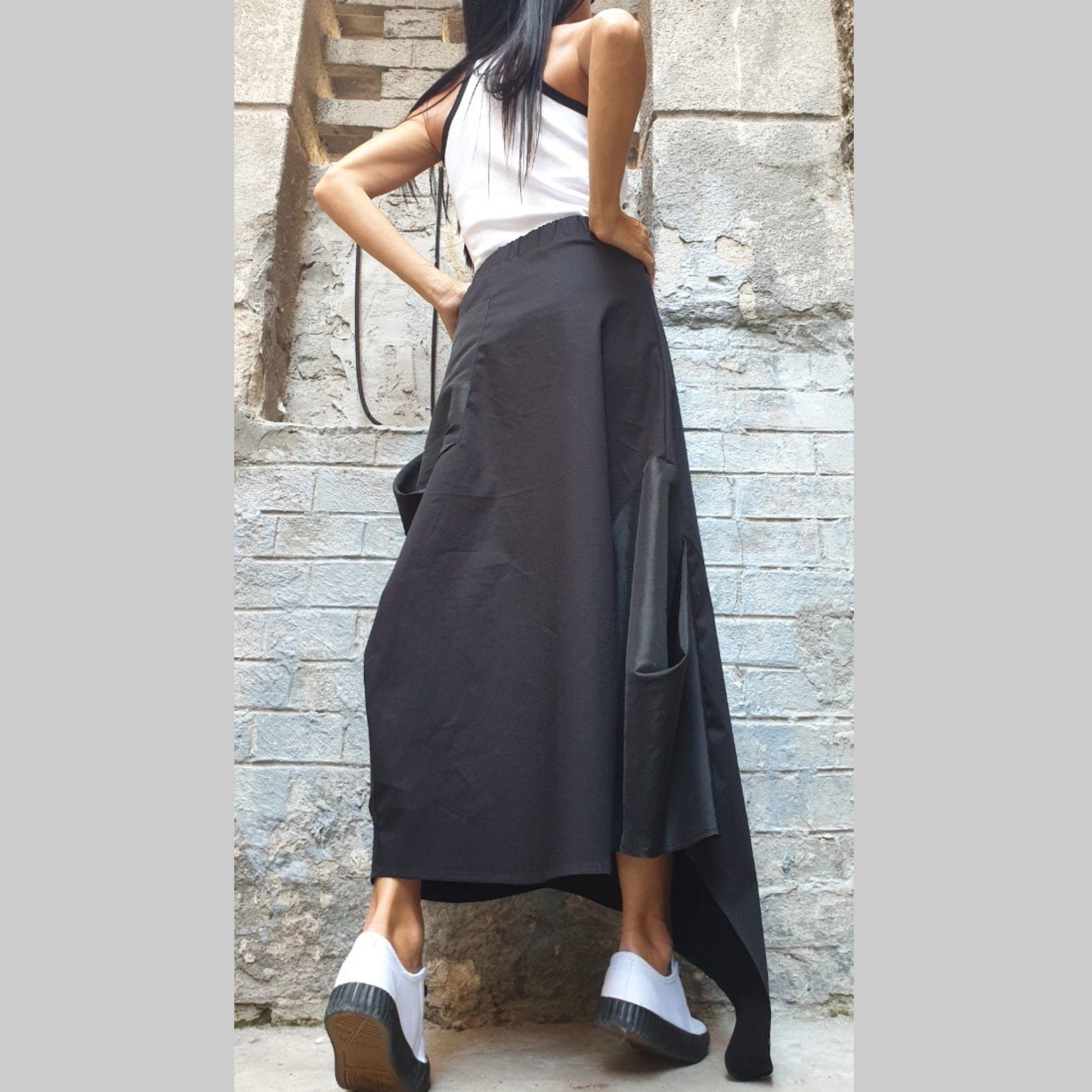 Asymmetric Black Maxi Skirt with Pocket – Avant-Garde High Waist Cotton Skirt