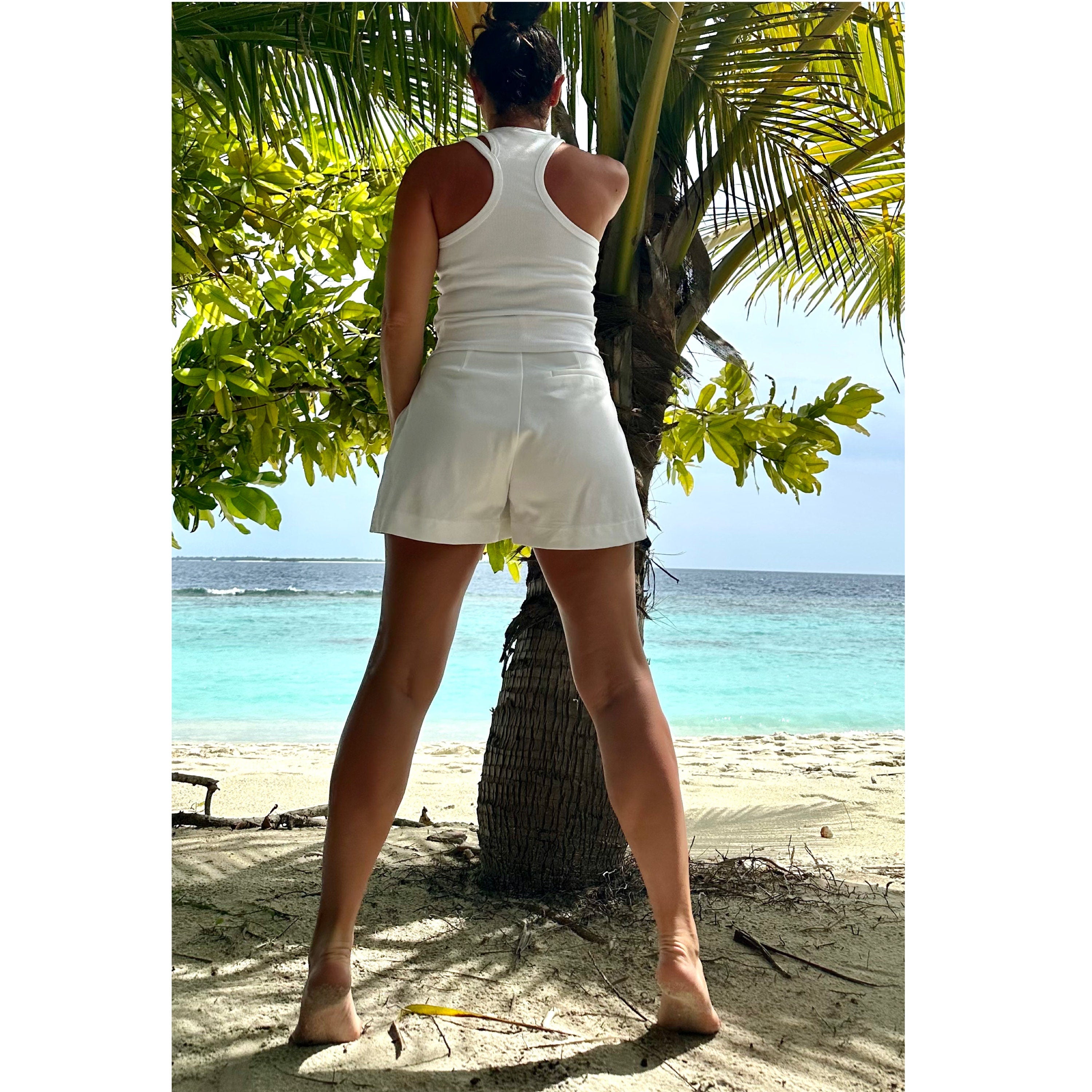 Asymmetric White Cotton Tank Top: Double Strap Sleeveless Beach Wear