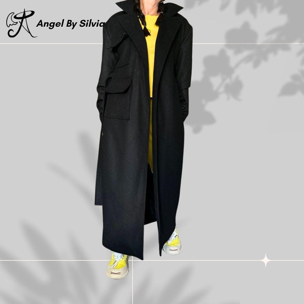 Black Wool Blend Belted Trench Coat: Classic Winter Style