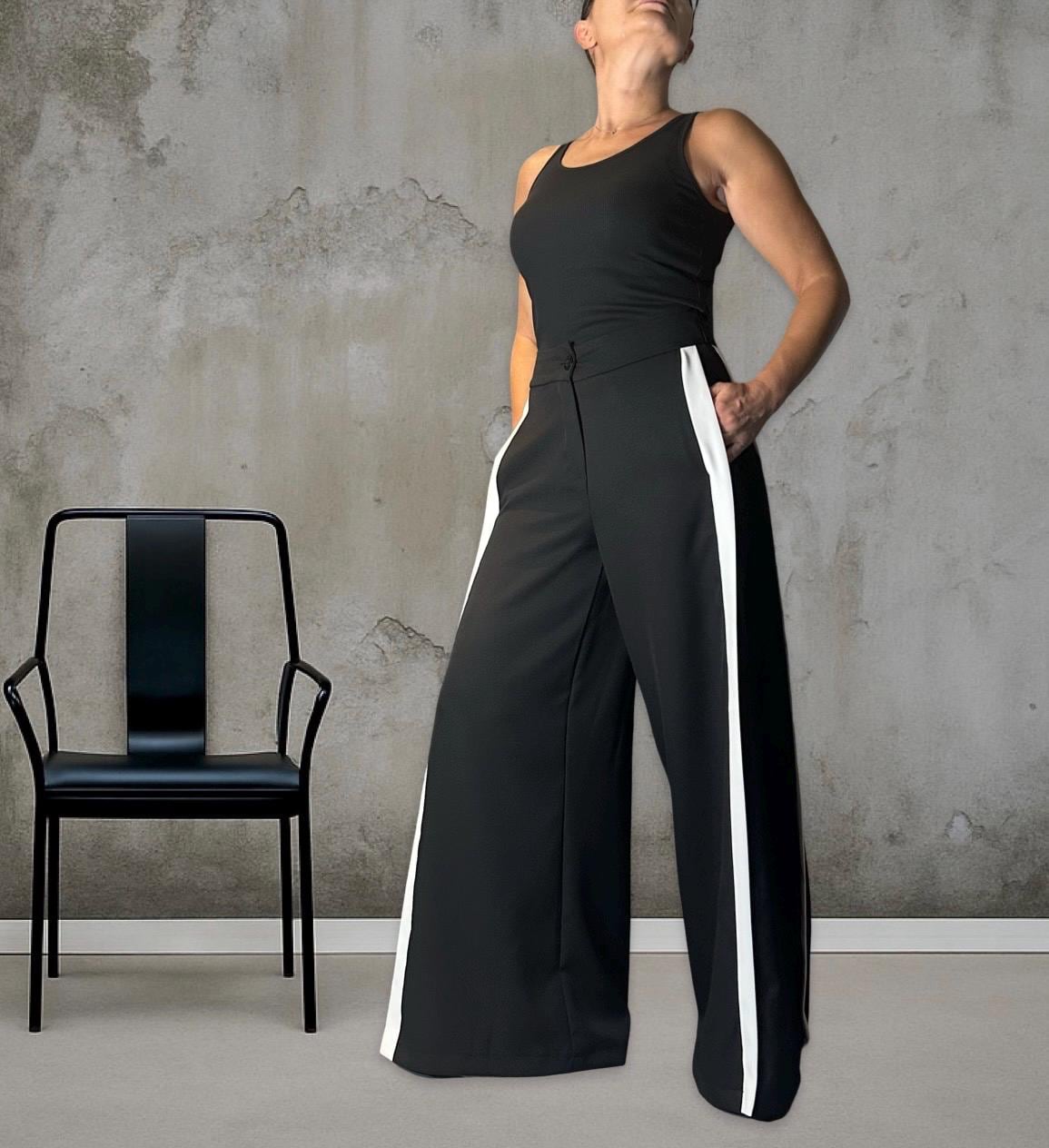 Black Wide Leg Pants for Women – High Waist Trousers with White Side Stripe / Sporty Chic Maxi Pants with Pockets