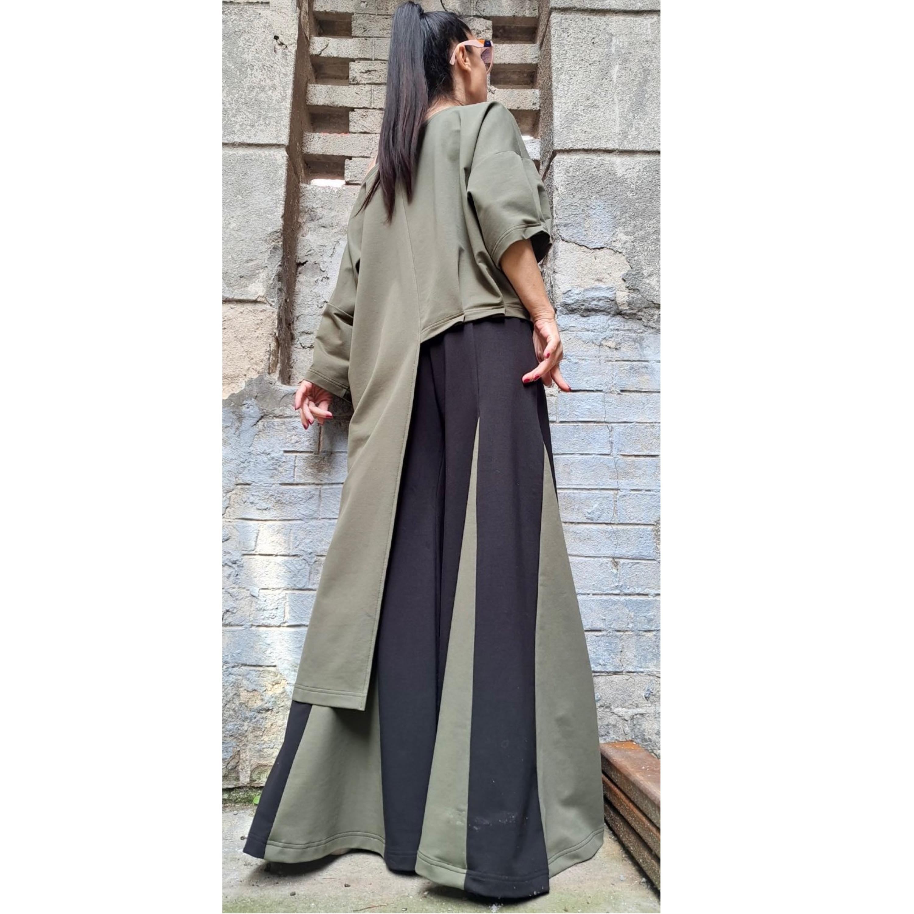 Asymmetric Two-Piece Cotton Set – Wide-Leg High-Waist Pants & Oversized Short-Sleeve Top / Avant-Garde Women’s Outfit XS-5XL