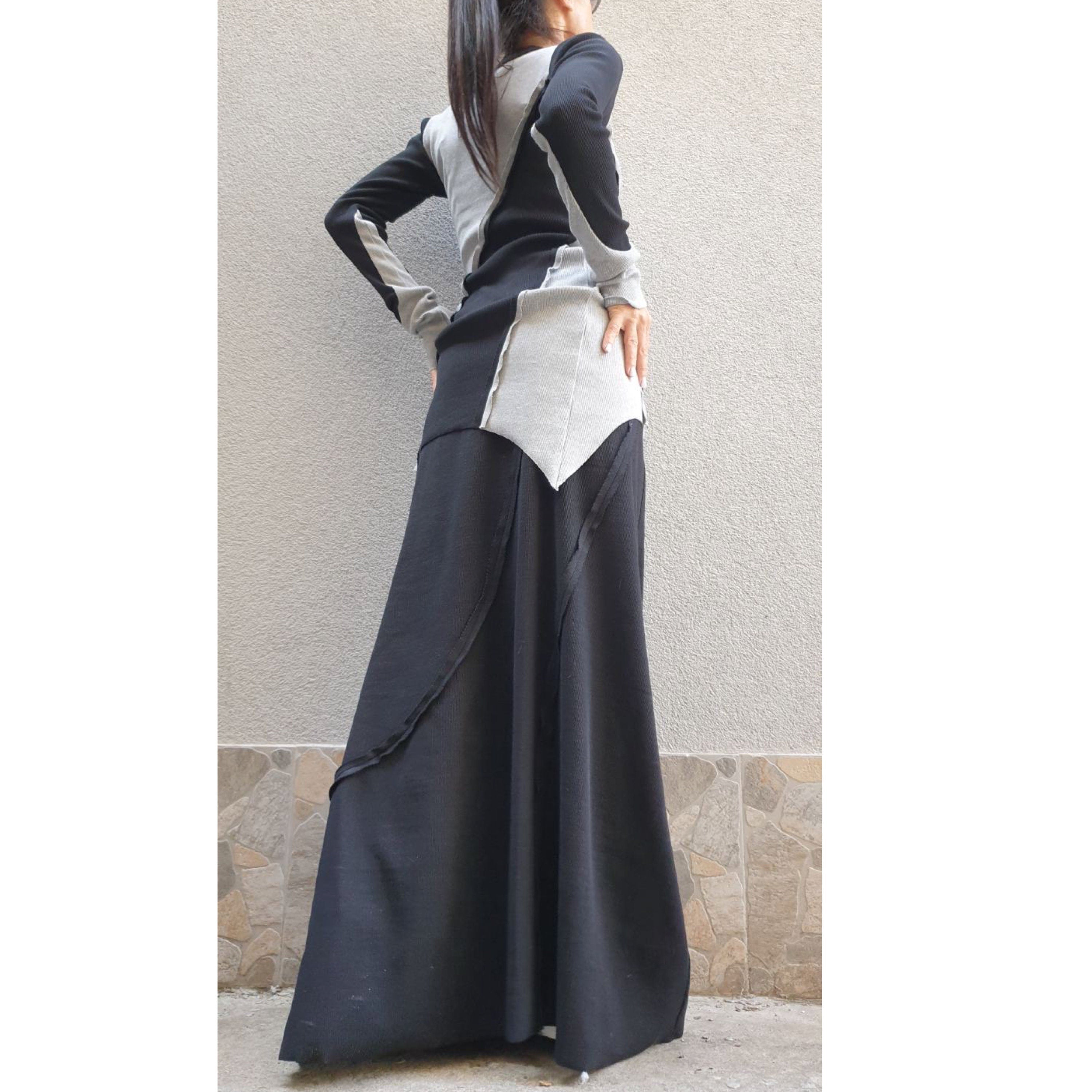 Asymmetric Cotton Set – Long Sleeve Top and Maxi Skirt / Black Grey Two-Piece Outfit / Avantgarde Women’s Clothing