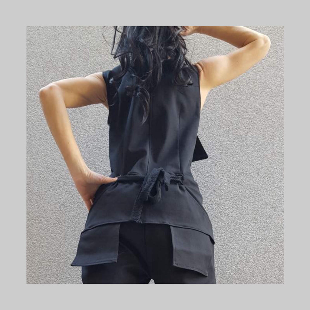 Black Cotton Jumpsuit with Asymmetric Details – Sleeveless Designer Overall