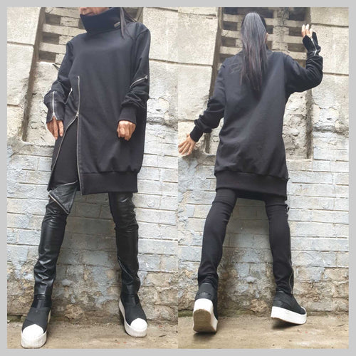 Asymmetric Black Cotton Tunic with Zipper / High Collar Long Blouse / Avant-Garde Urban Top for Women